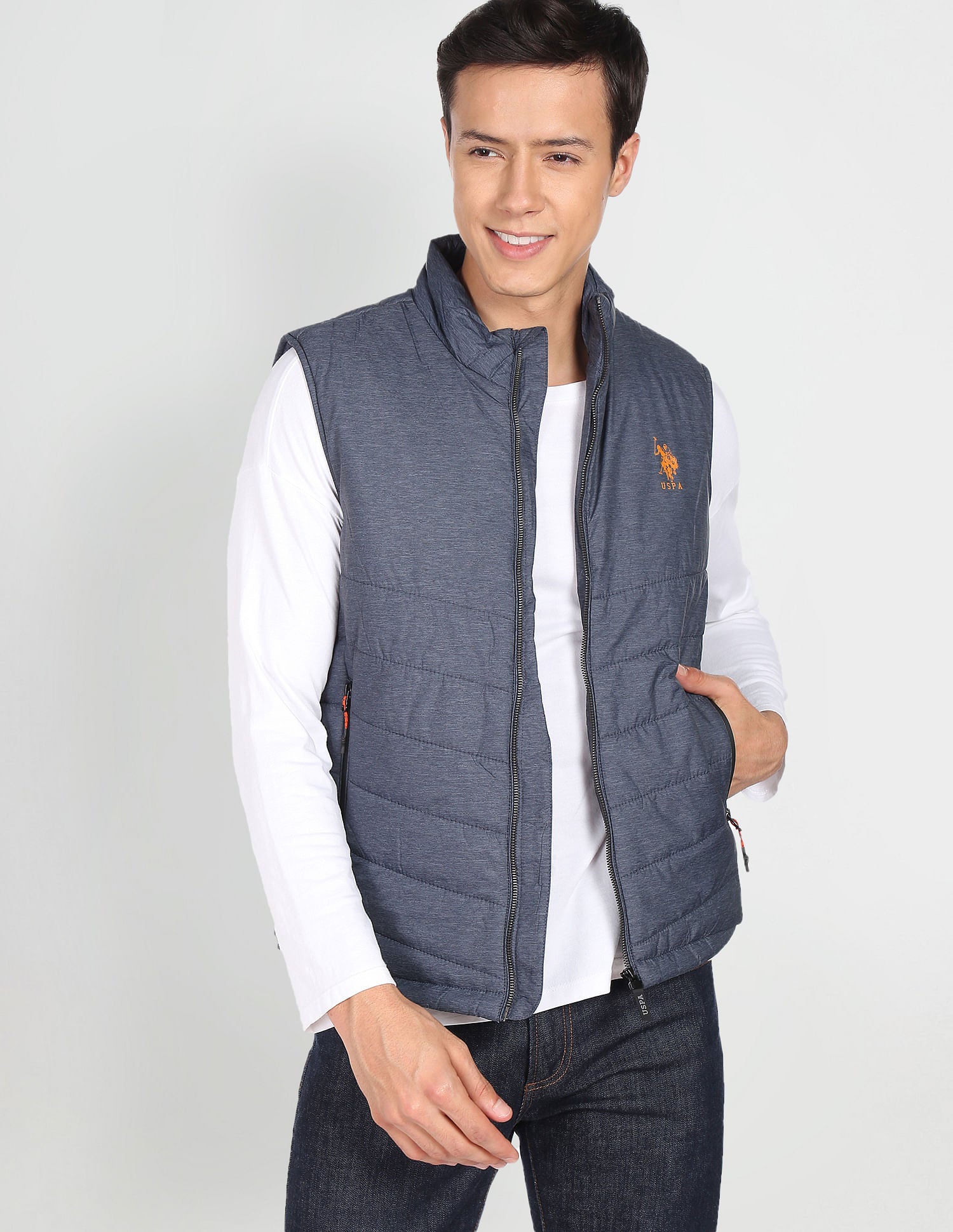 High Neck Sleeveless Solid Padded Jacket Indigo - U.S. POLO ASSN. | Large