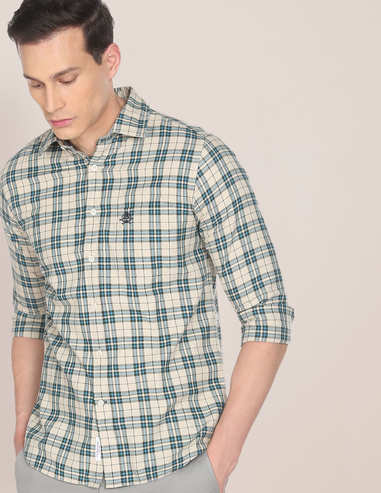 Men Beige Patch Pocket Check Casual Shirt Beige - U.S. POLO ASSN. | Large