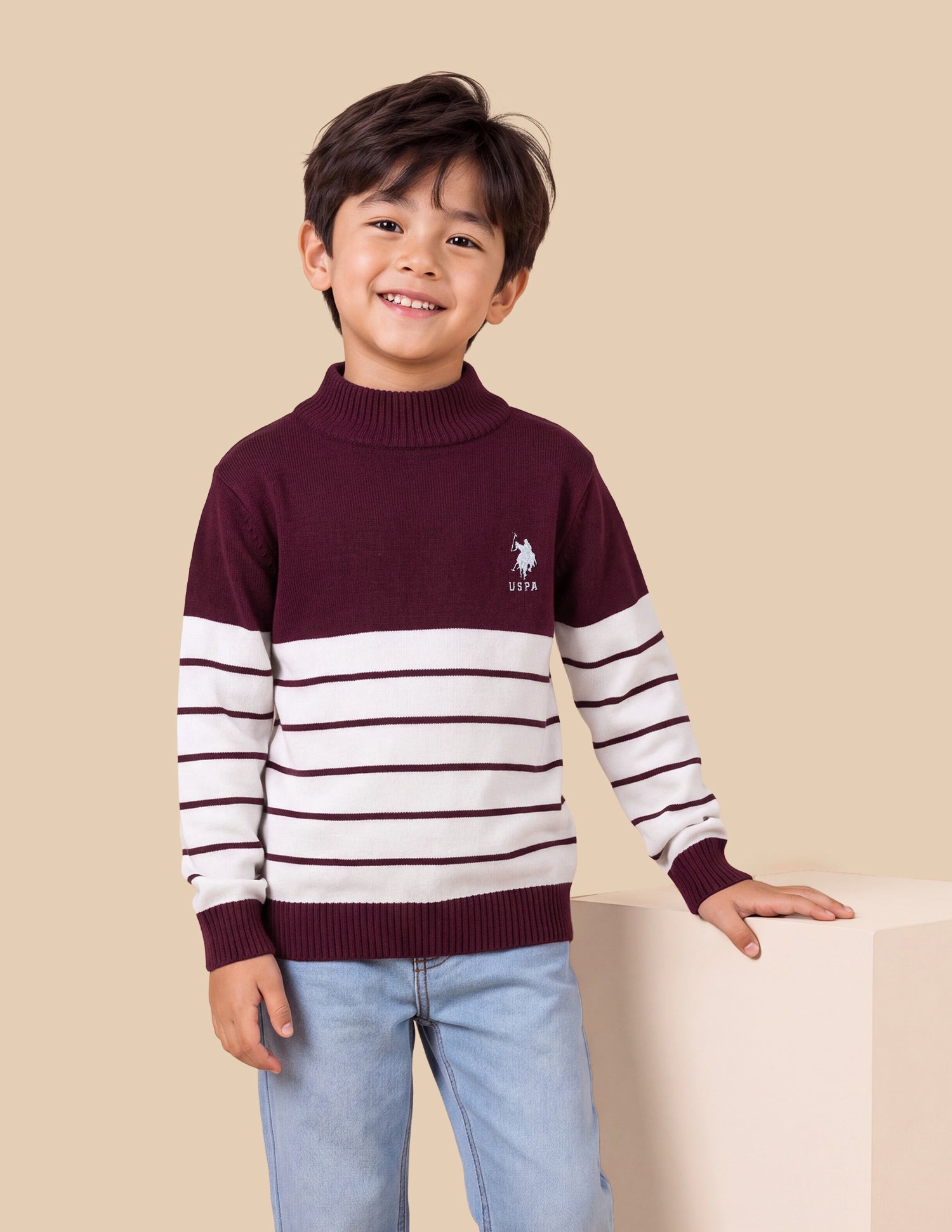 Horizontal Striped Colourblocked Regular Fit Sweater Maroon - U.S. Polo Assn. India | Large