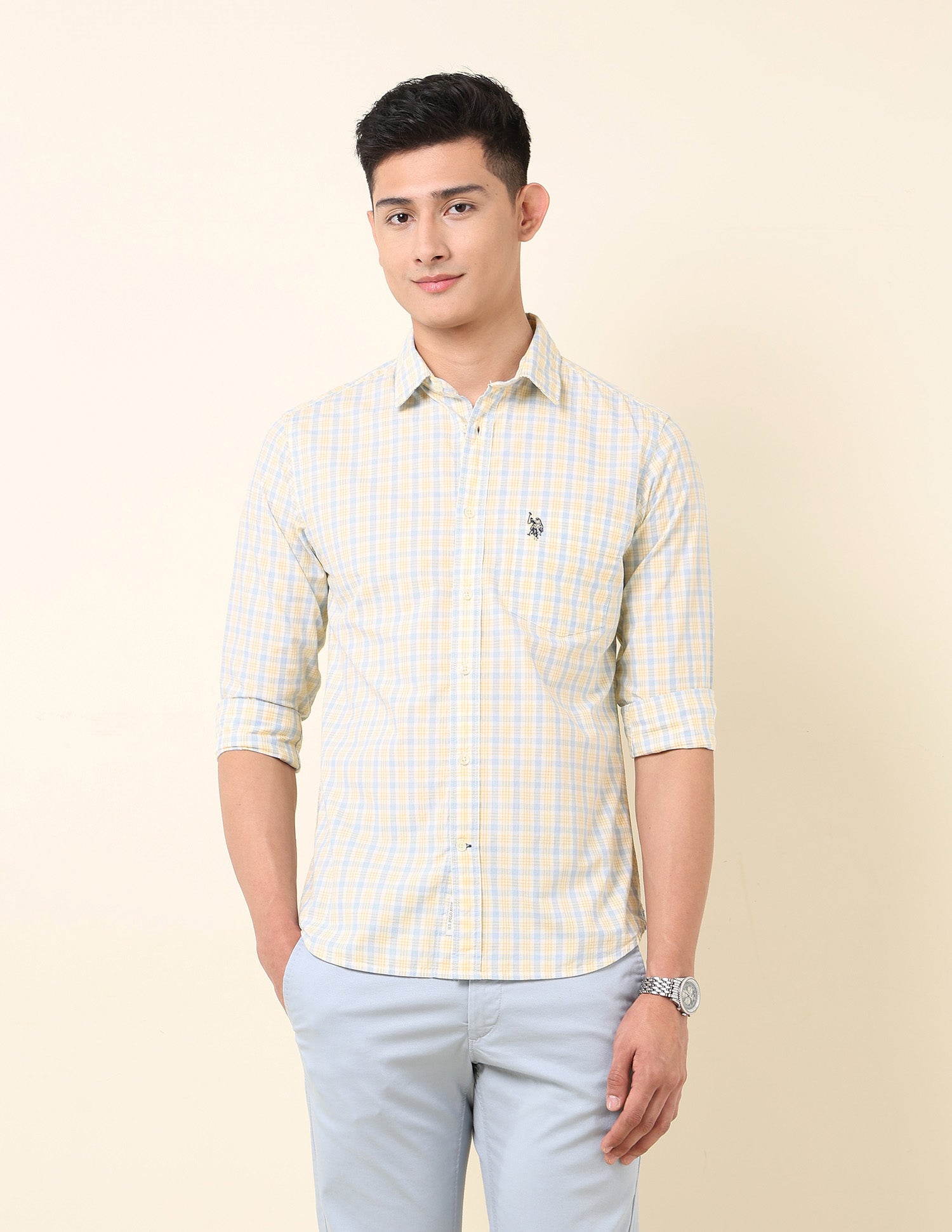 Pure Cotton Grid Tattersall Checked Shirt Yellow - U.S. Polo Assn. India | Large
