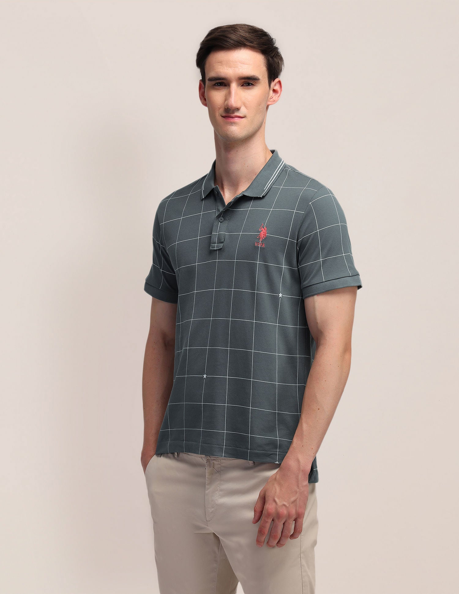Pure Cotton Checked Slim Fit Polo Shirt Grey - U.S. Polo Assn. India | Large