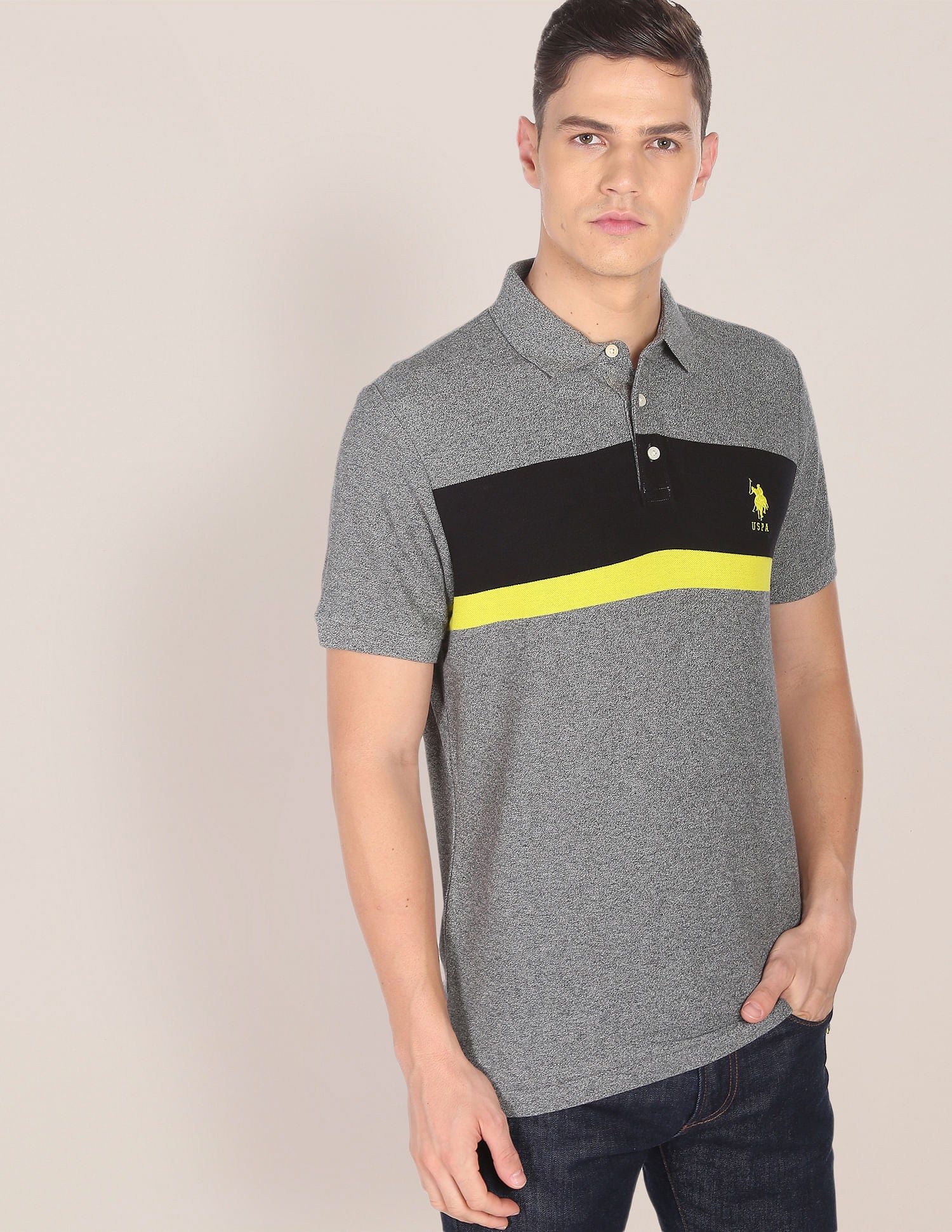 Contrast Stripe Logo Heathered Polo Shirt Grey - U.S. POLO ASSN. | Large