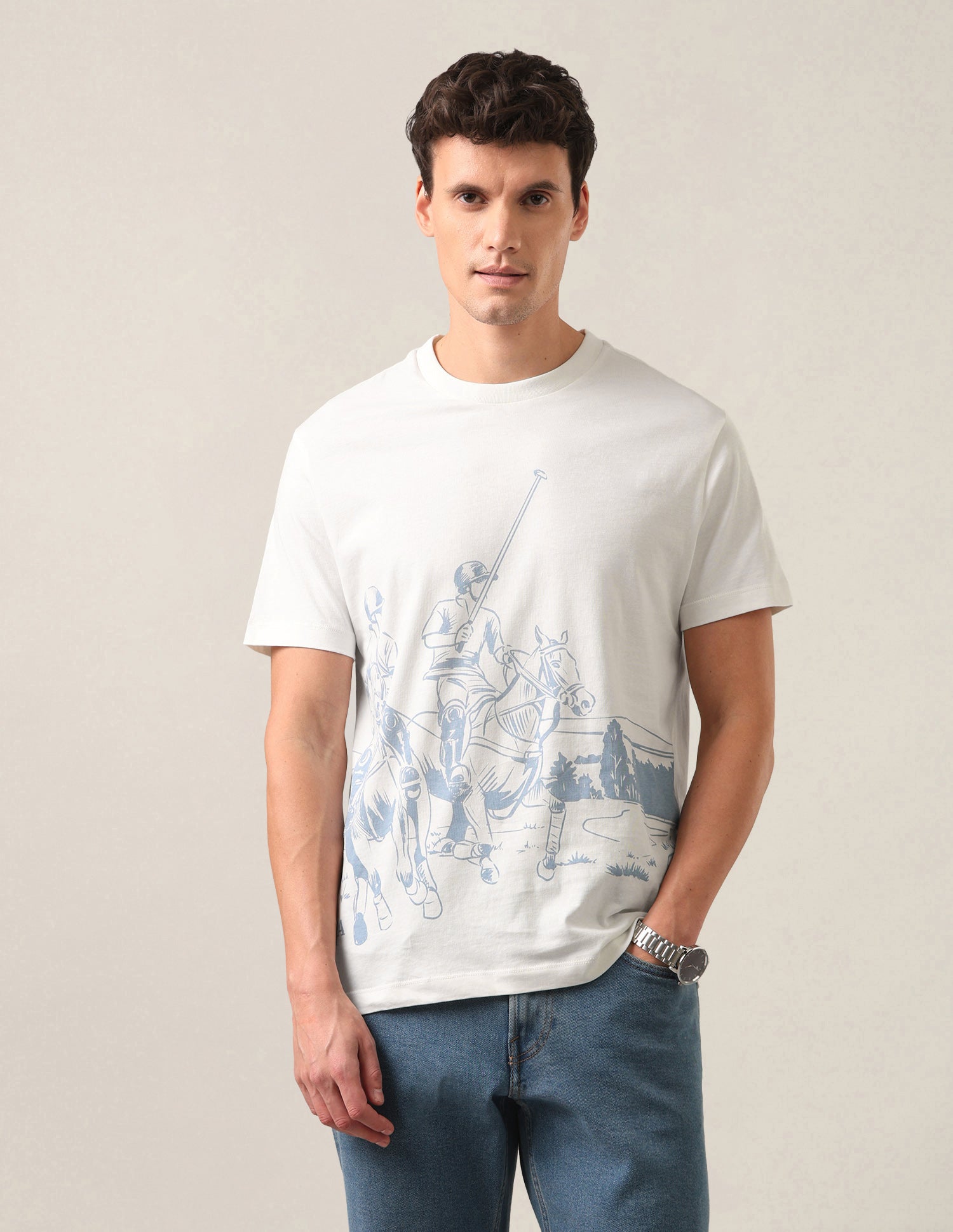 Graphic Brand Printed Regular Fit T-Shirt Ivory - U.S. Polo Assn. India | Large