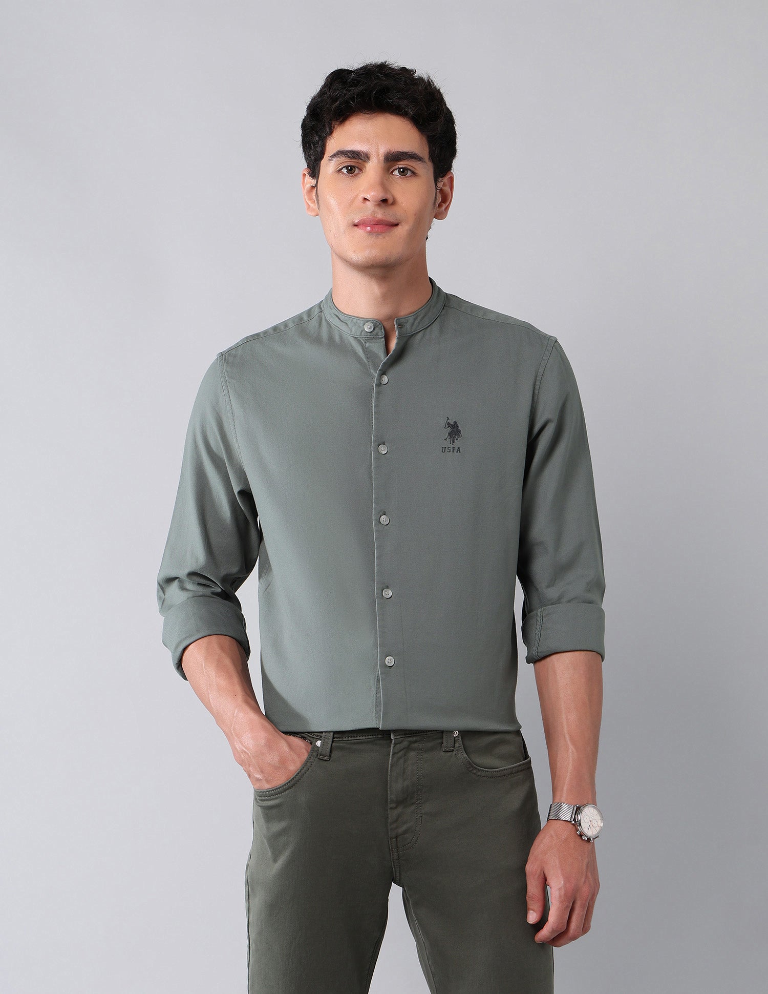 Pure Cotton Regular Fit Twill Shirt Dark Green - U.S. Polo Assn. India | Large