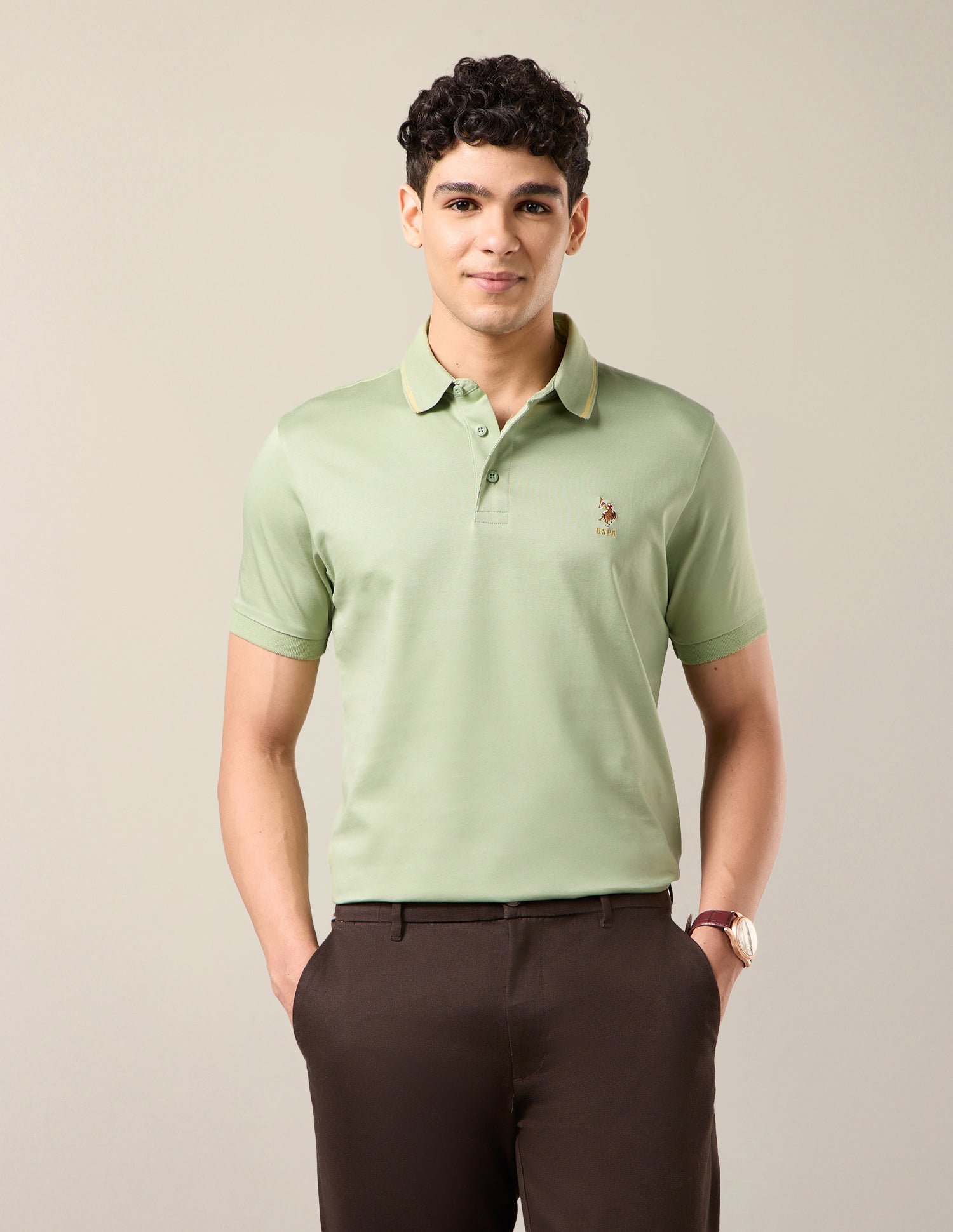 Solid Slim Fit Polo Shirt Light Green - U.S. Polo Assn. India | Large