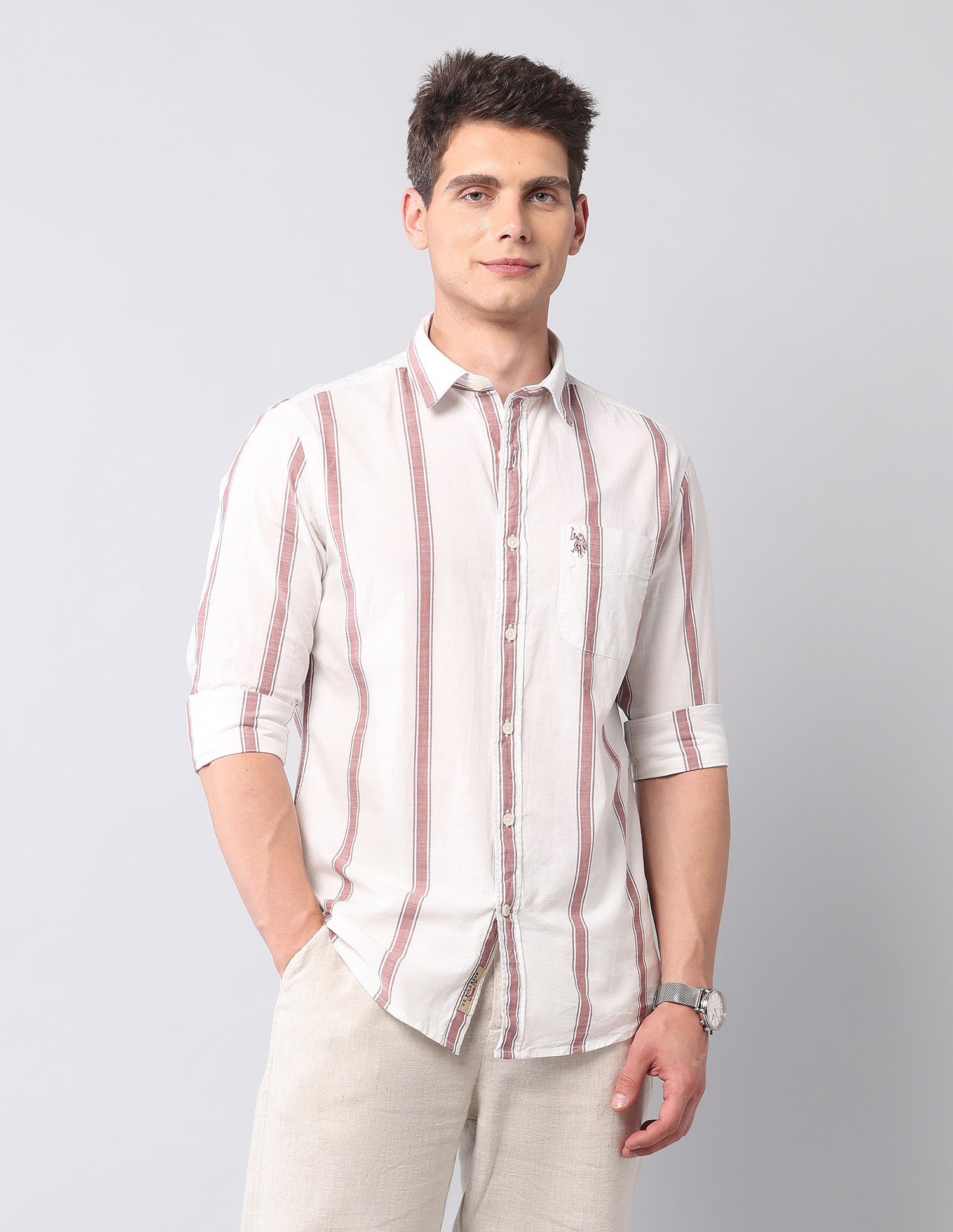 Vertical Striped Pure Cotton Shirt Light Red - U.S. Polo Assn. India | Large