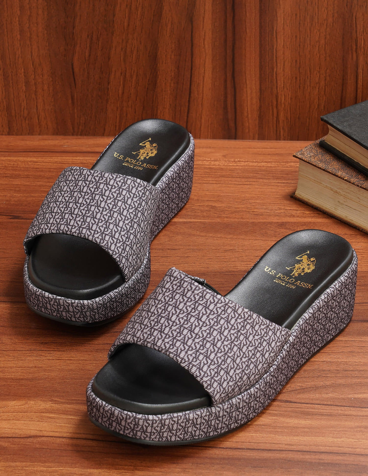 Women Open Toe Brand Print Savina Sandals Black - U.S. Polo Assn. India | Large
