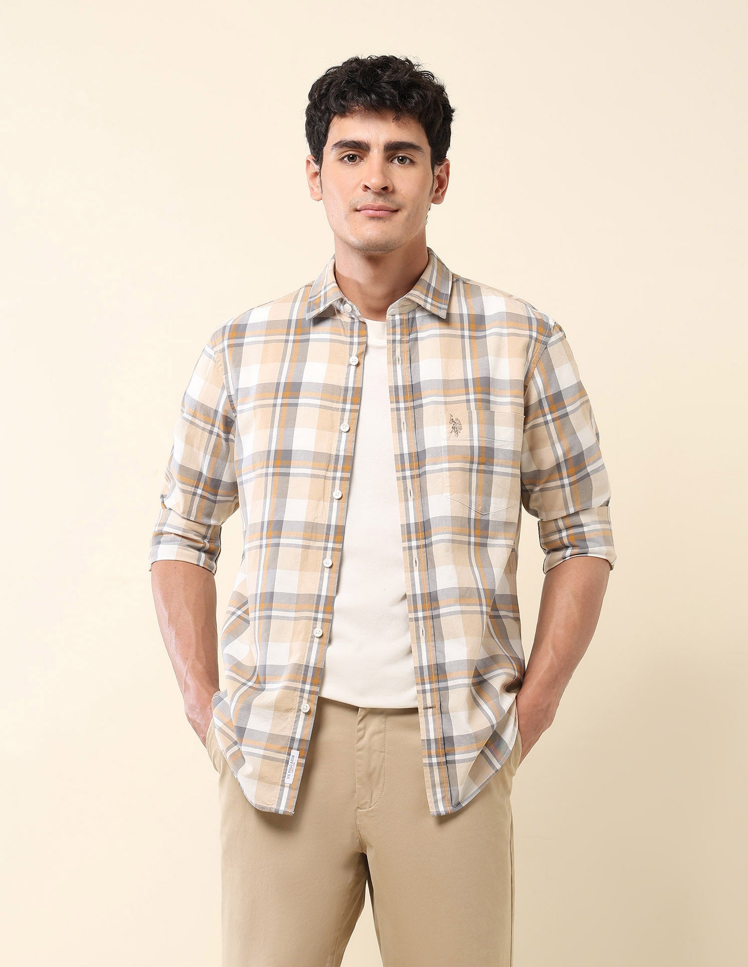 Plaid Checked Pure Cotton Shirt Beige - U.S. Polo Assn. India | Large