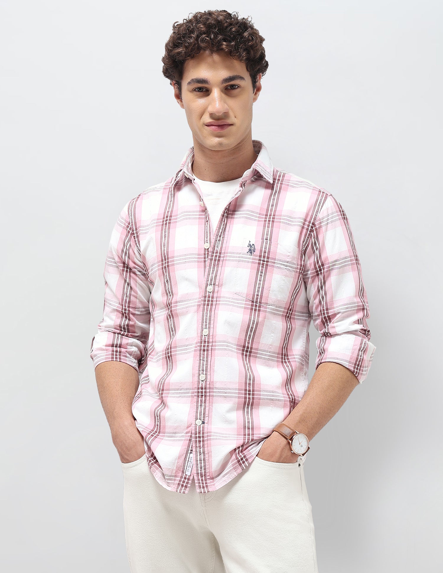 Tailored Fit Seersucker Shirt Peach - U.S. Polo Assn. India | Large