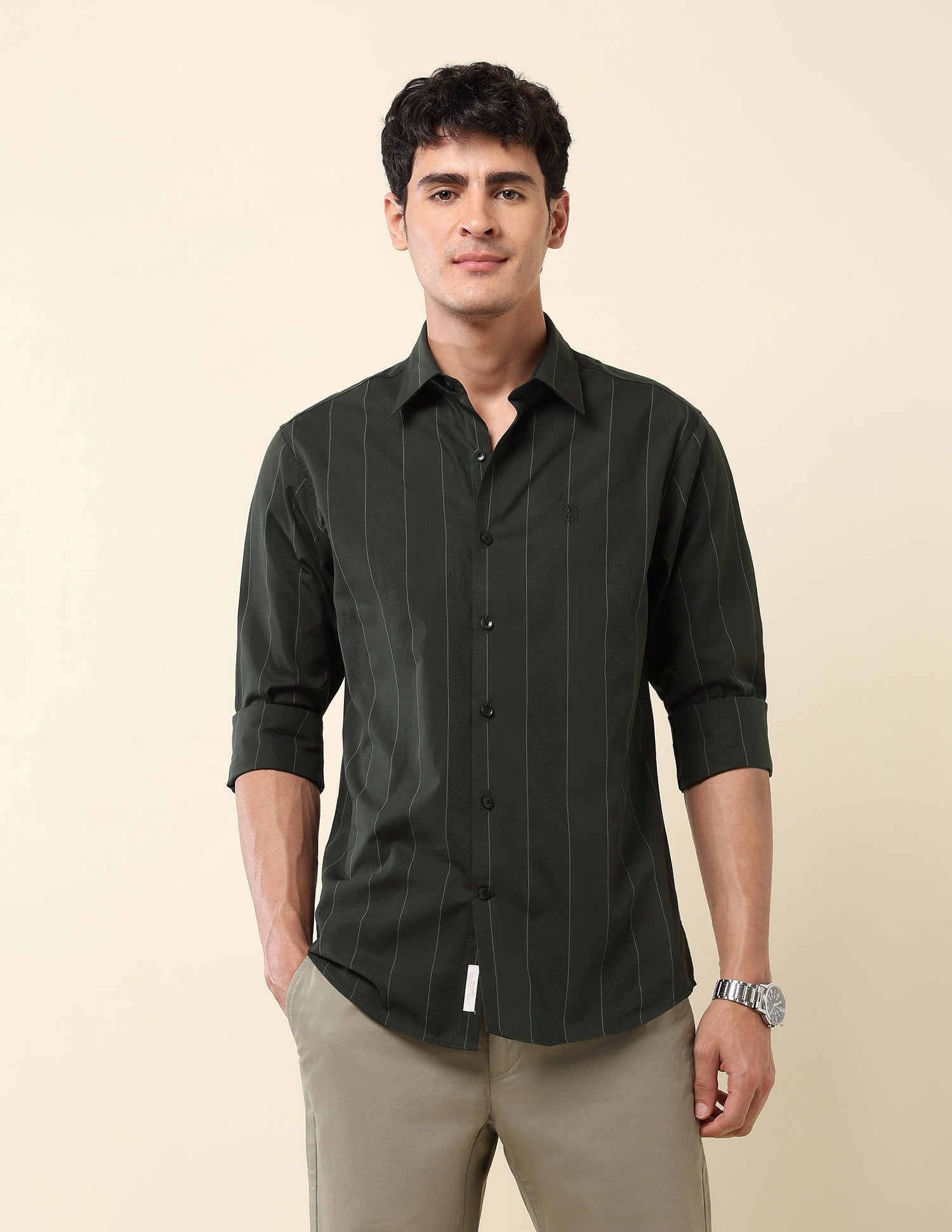 Vertical Striped Pure Cotton Shirt Olive - U.S. Polo Assn. India | Large