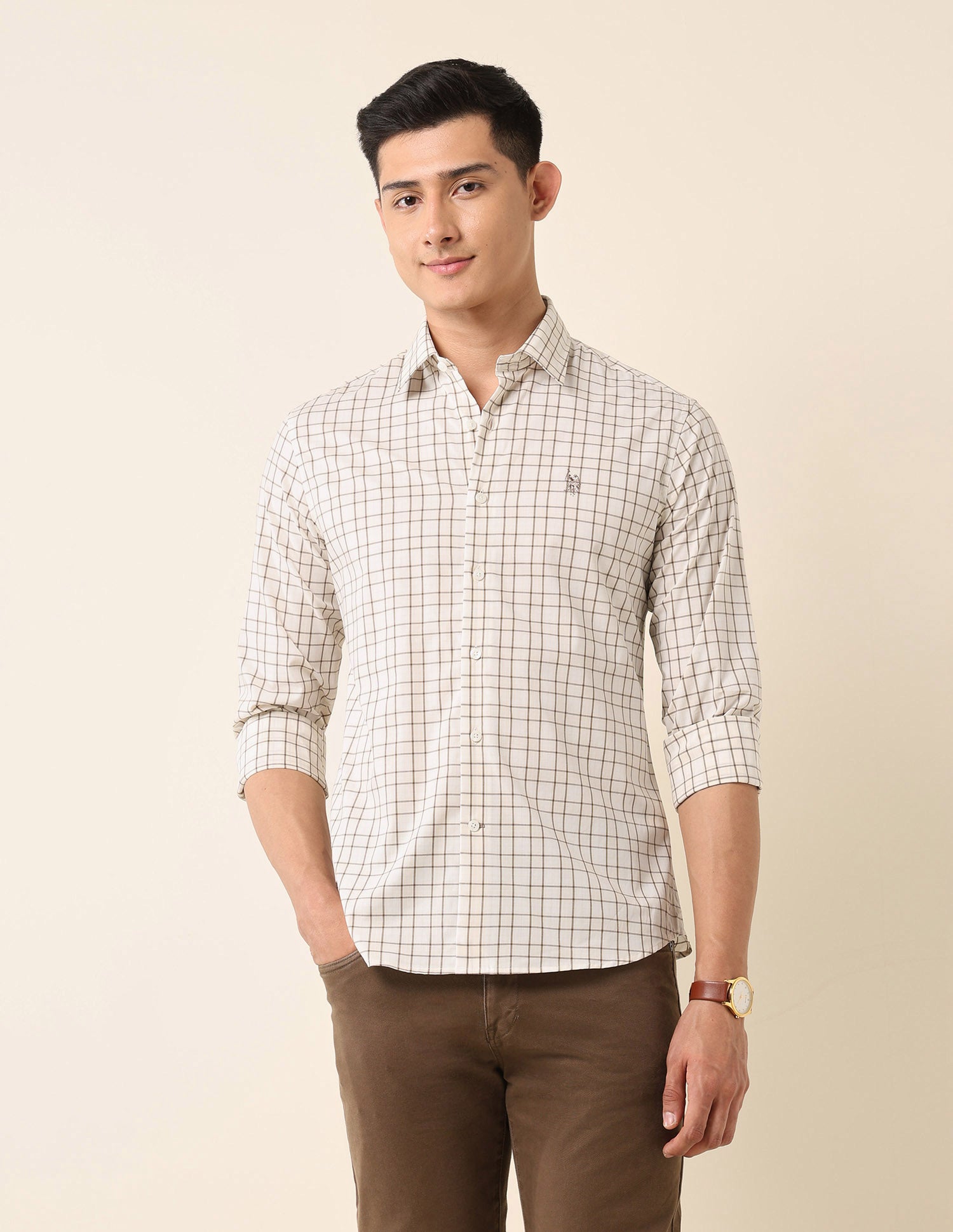 Tailored Fit Graph Checked Shirt Beige - U.S. Polo Assn. India | Large
