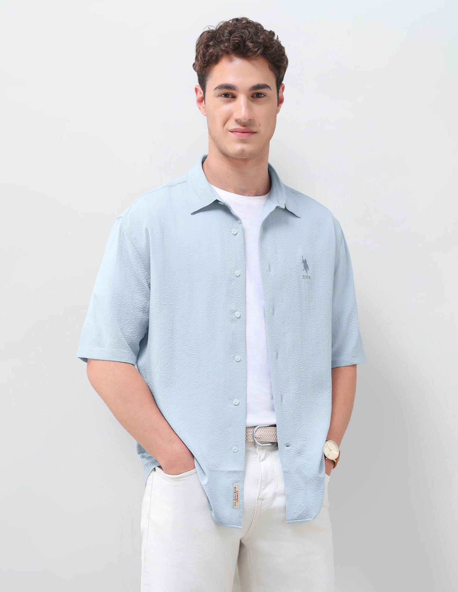 Crinkle Weave Relaxed Fit Shirt Light Blue - U.S. Polo Assn. India | Large