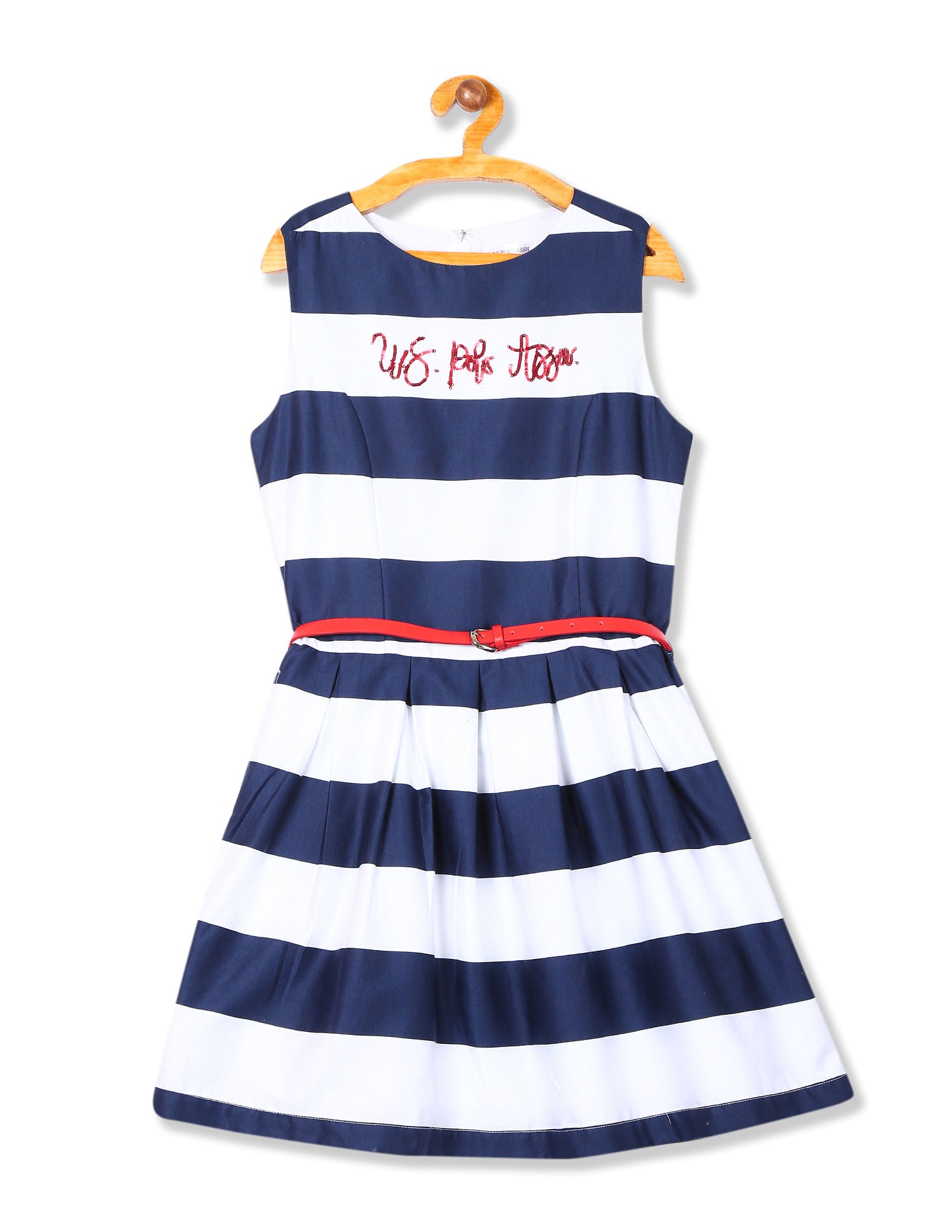 Cotton Striped Fit And Flare Dress White and Navy - U.S. Polo Assn. India | Large