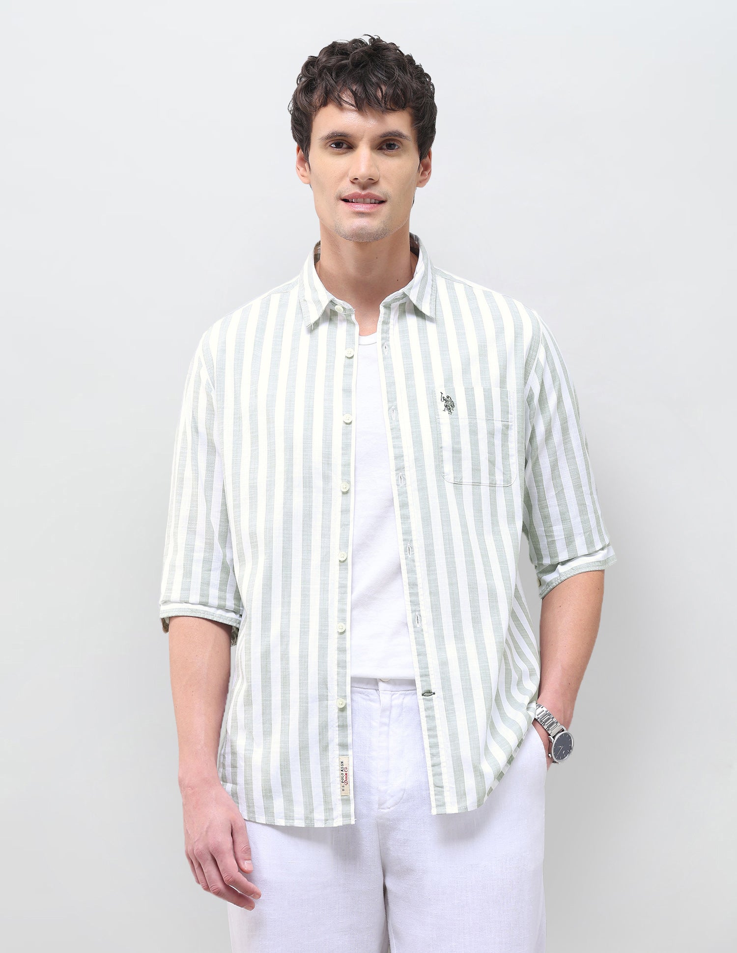 Vertical Striped Regular Fit Shirt Light Green - U.S. Polo Assn. India | Large