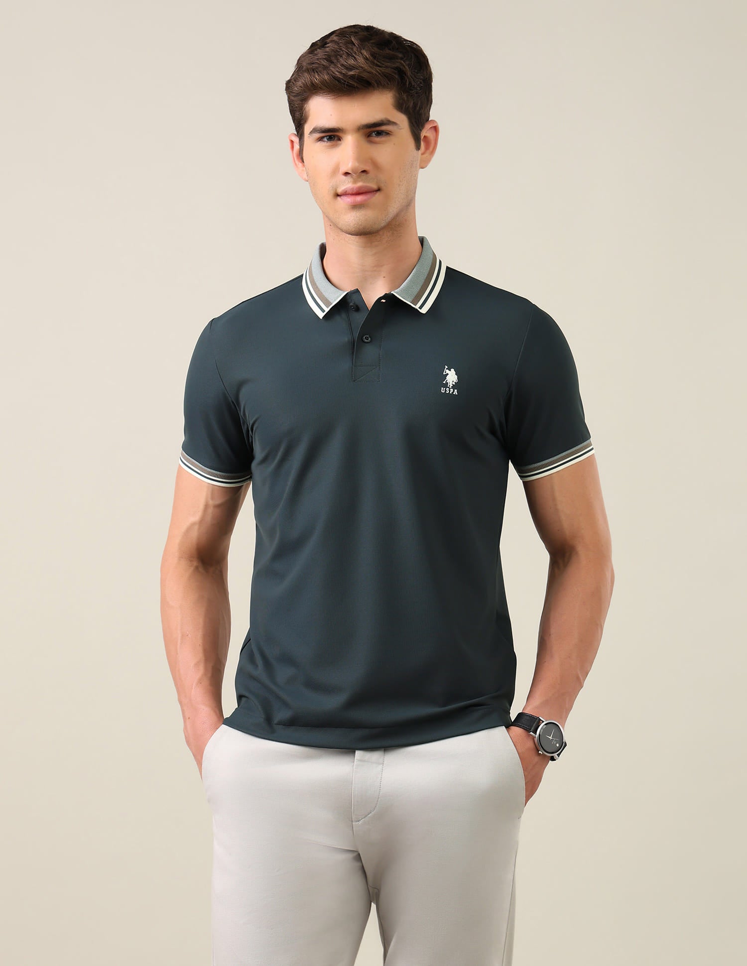 Solid Slim Fit Polo Shirt Green - U.S. Polo Assn. India | Large