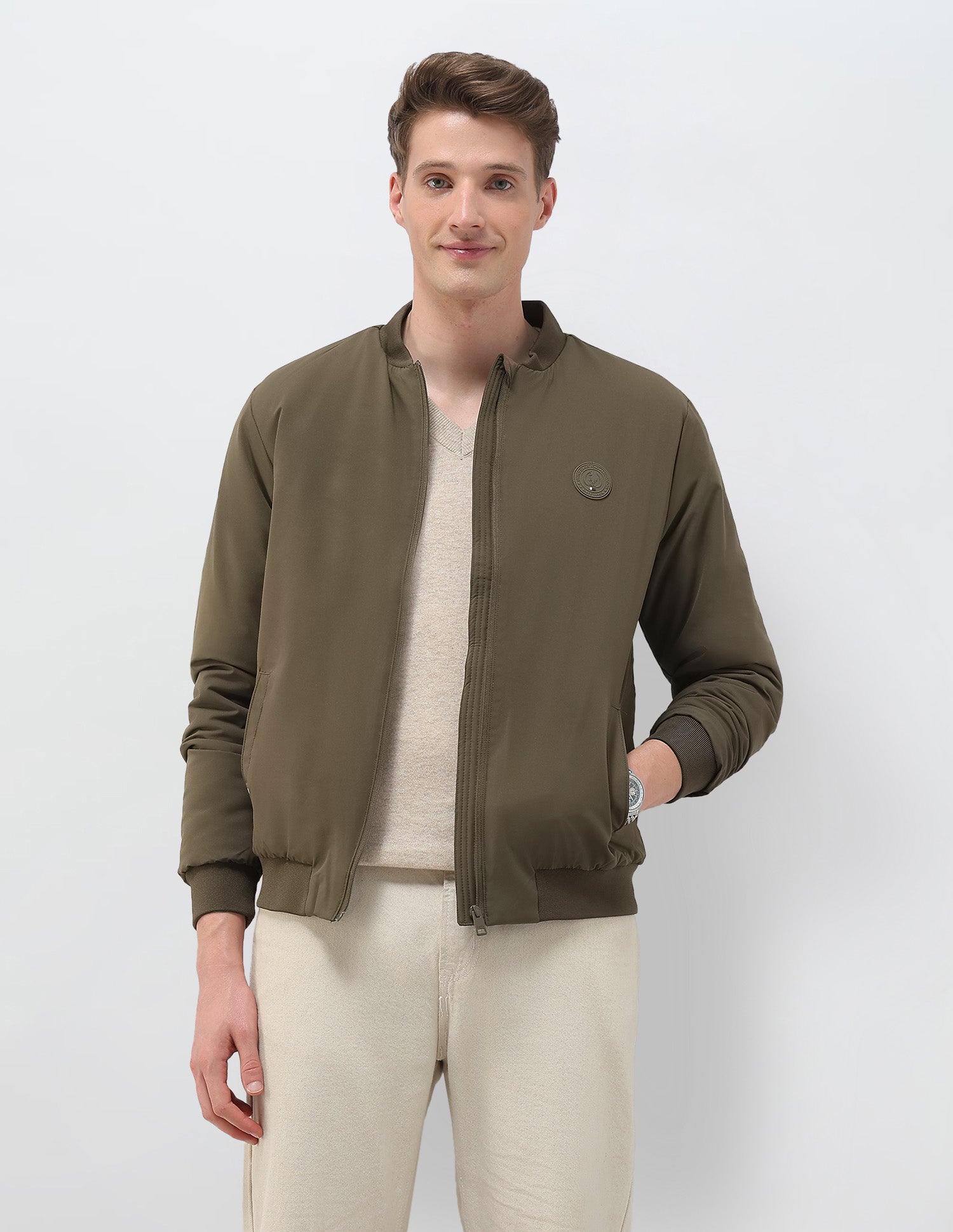 Solid Regular Fit Bomber Jacket