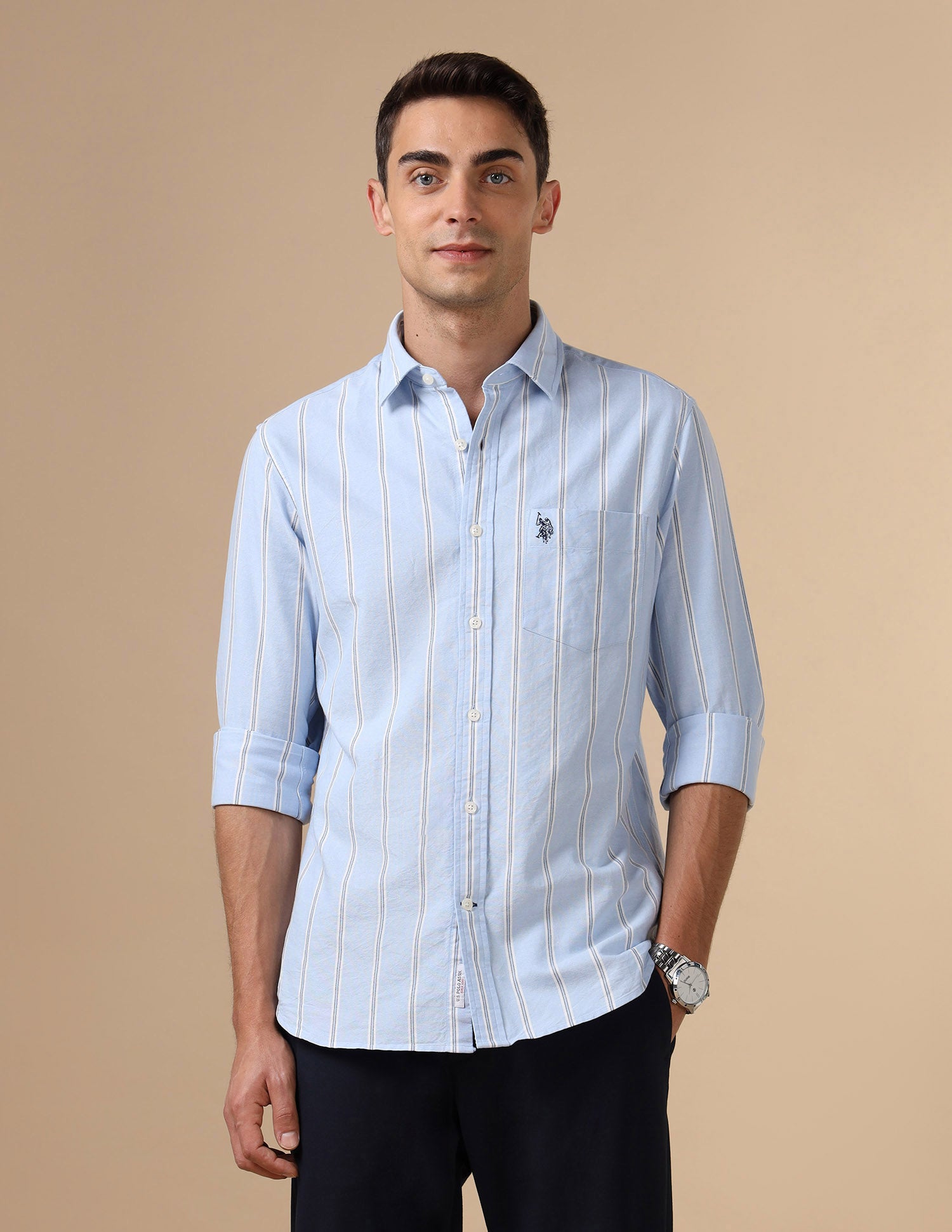 Pure Cotton Tailored Fit Shirt Light Blue - U.S. Polo Assn. India | Large