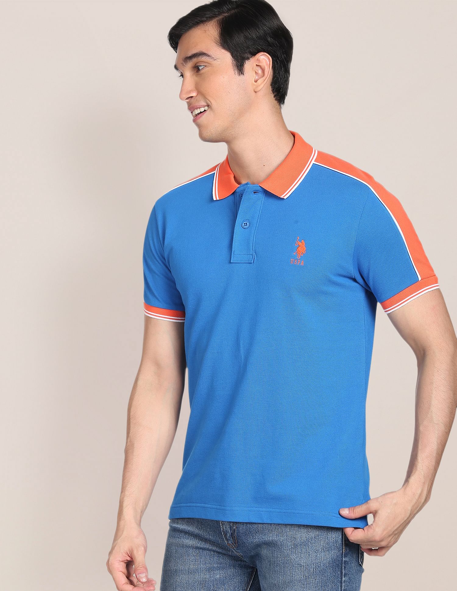 Colour Block Cotton Polo Shirt Blue - U.S. Polo Assn. India | Large