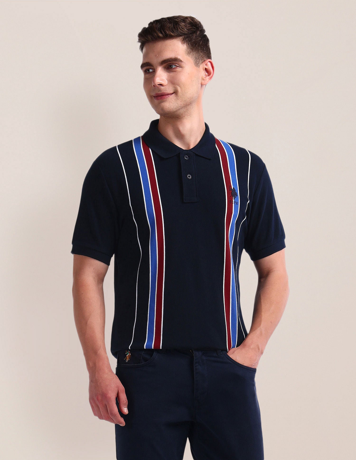 Vertical Stripe Pique Polo Shirt Navy - U.S. Polo Assn. India | Large