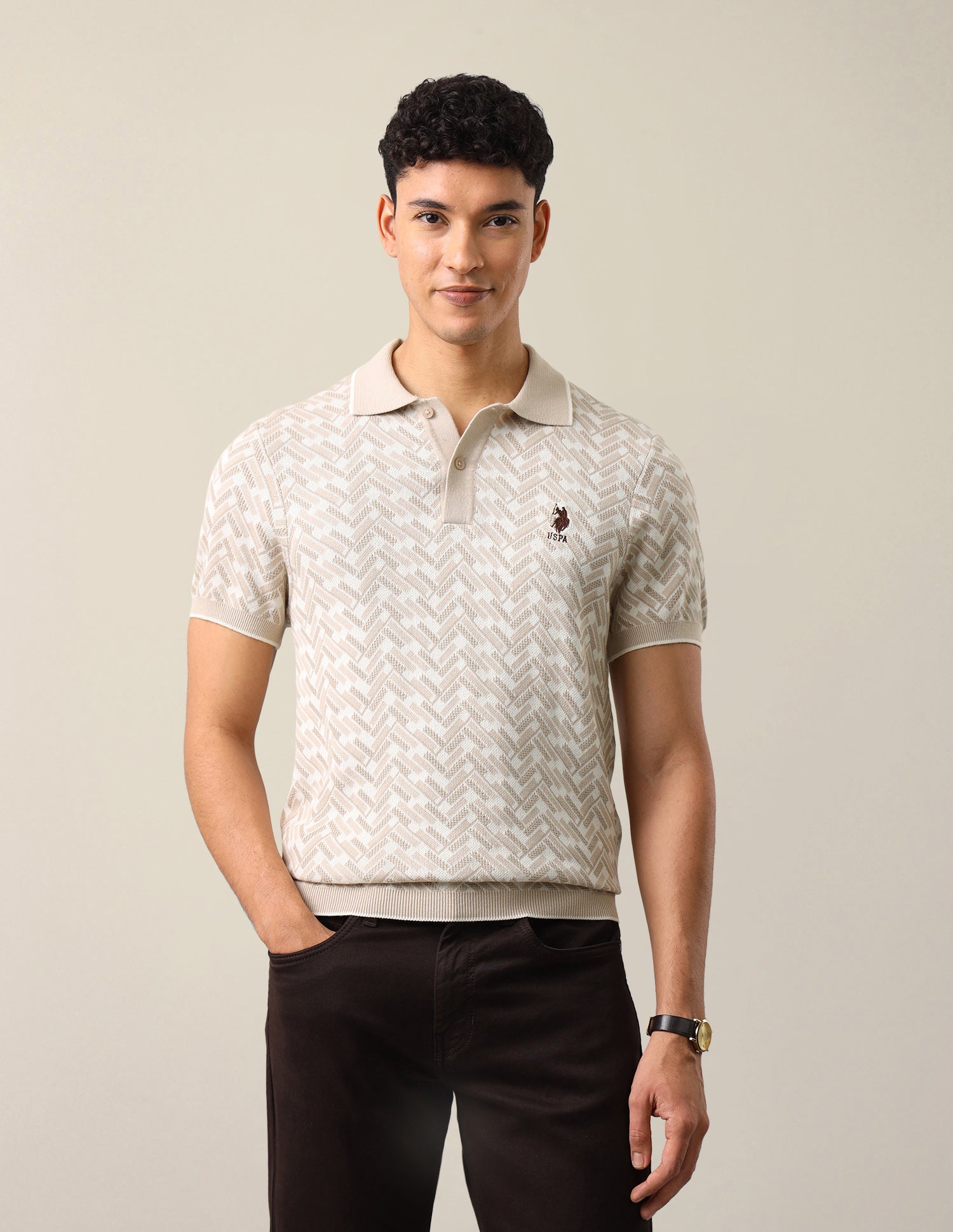 Geometric Patterned Knit Slim Fit Polo Shirt Beige - U.S. Polo Assn. India | Large
