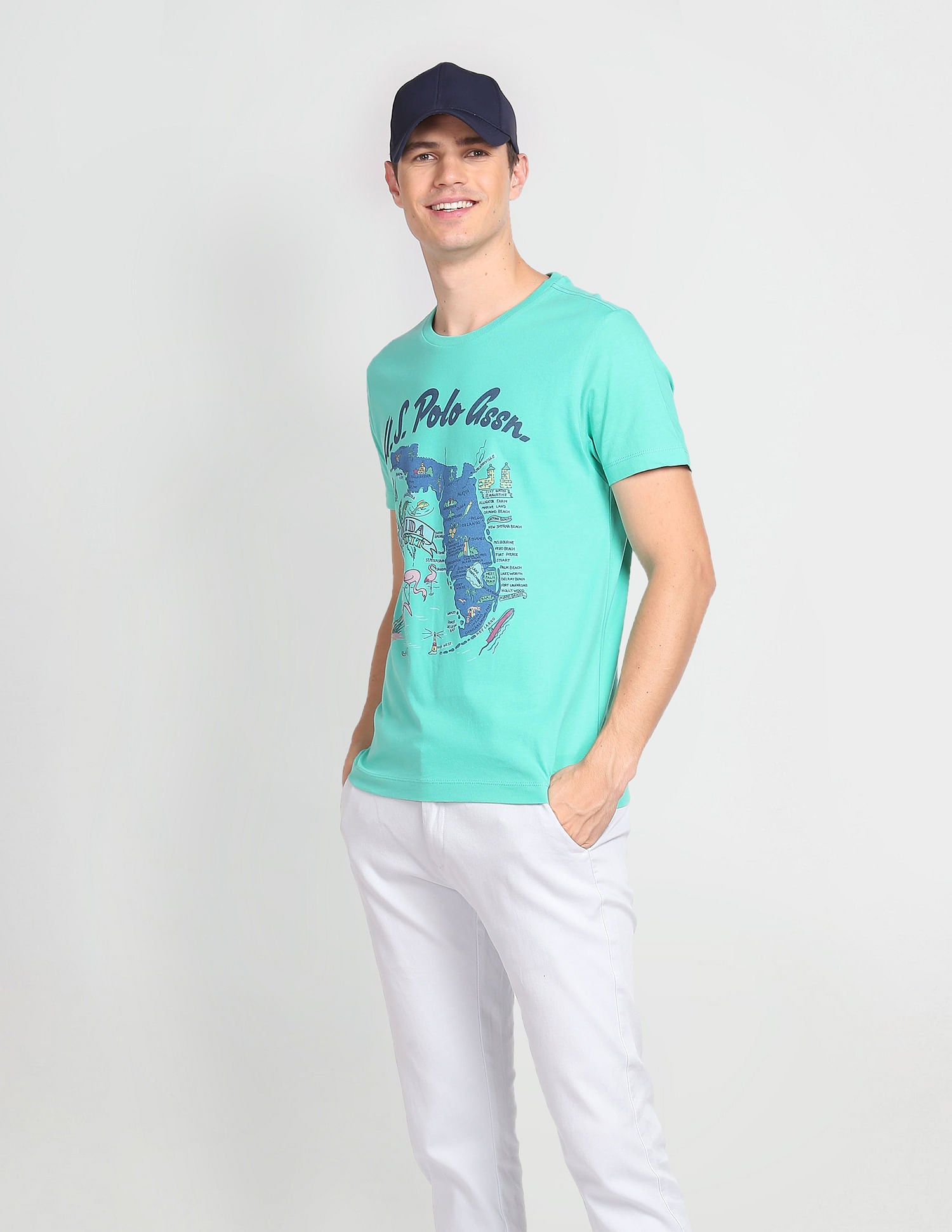 Crew Neck Graphic Print T-Shirt Turquoise - U.S. Polo Assn. India | Large
