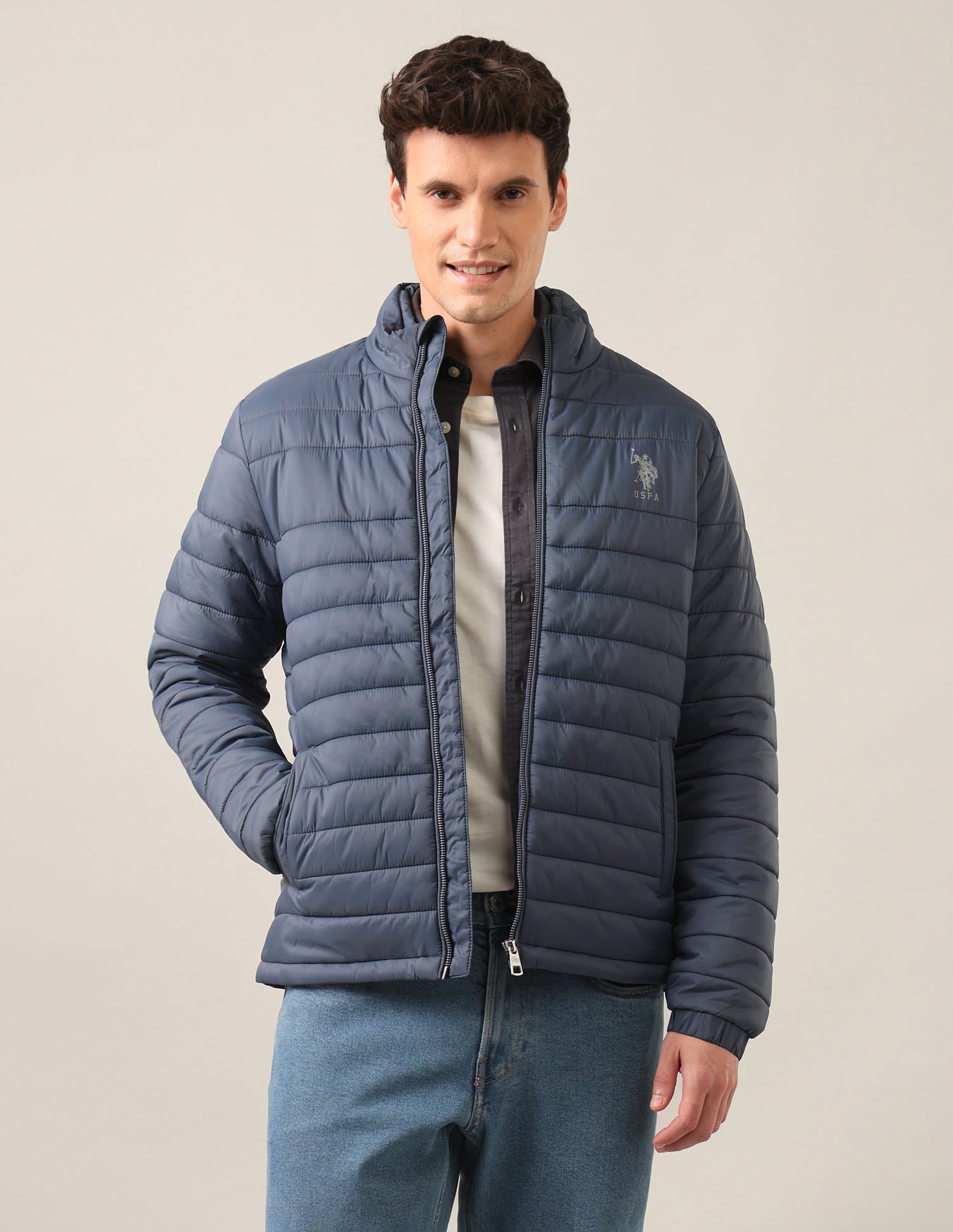 Regular Fit Solid Padded Jacket Blue - U.S. Polo Assn. India | Large
