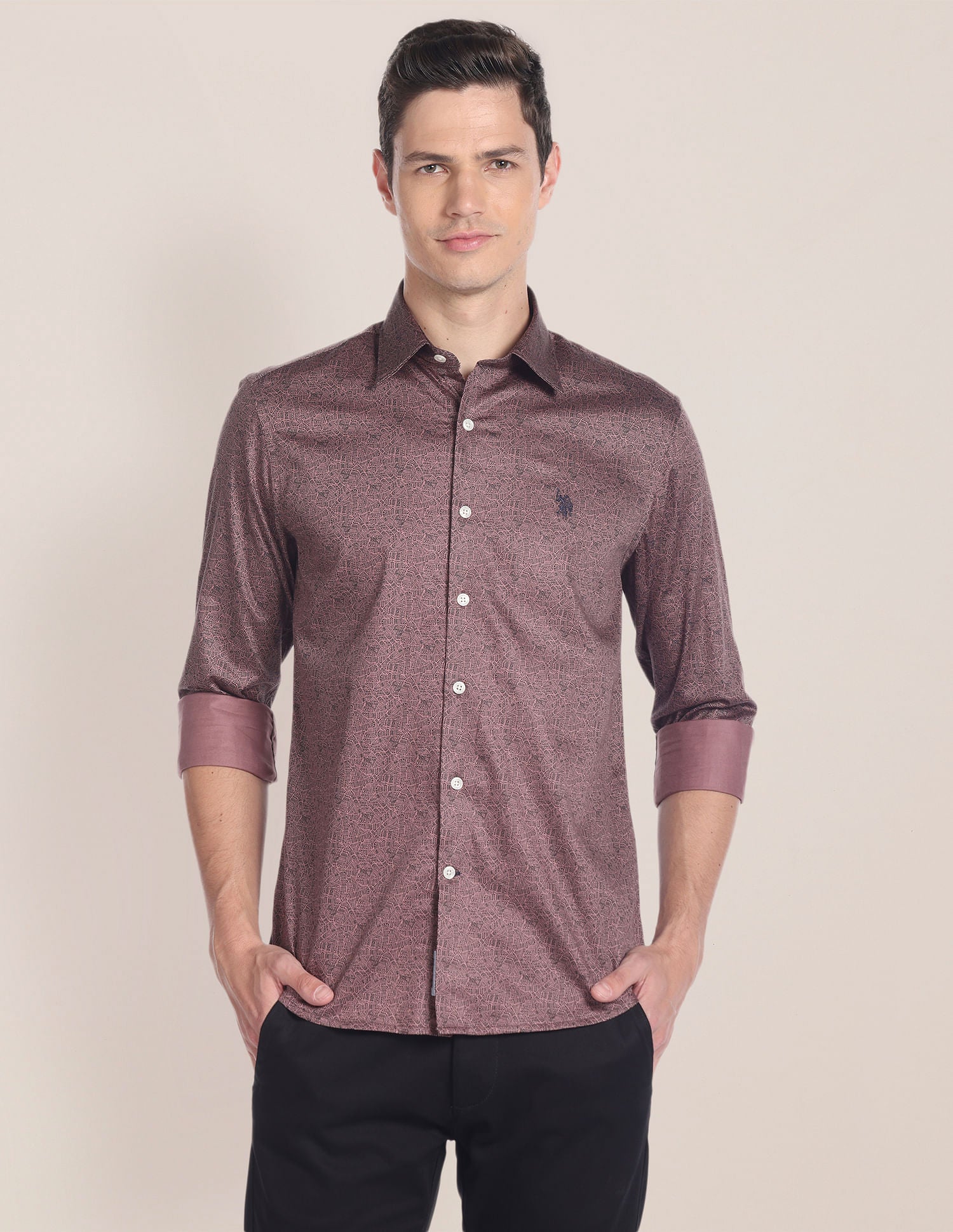 Cutaway Collar Geometric Print Shirt