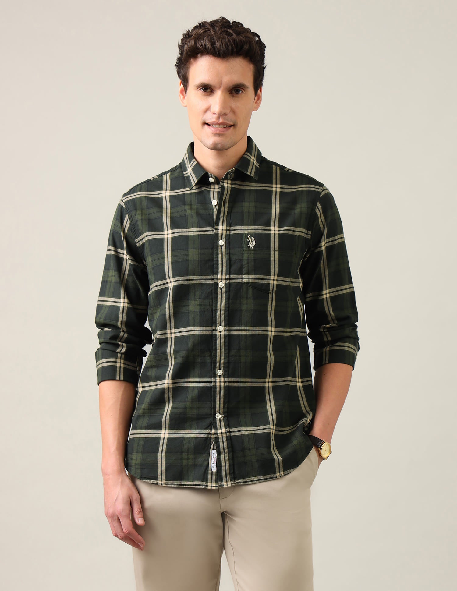 Grid Tattersall Checked Regular Fit Shirt Green - U.S. Polo Assn. India | Large