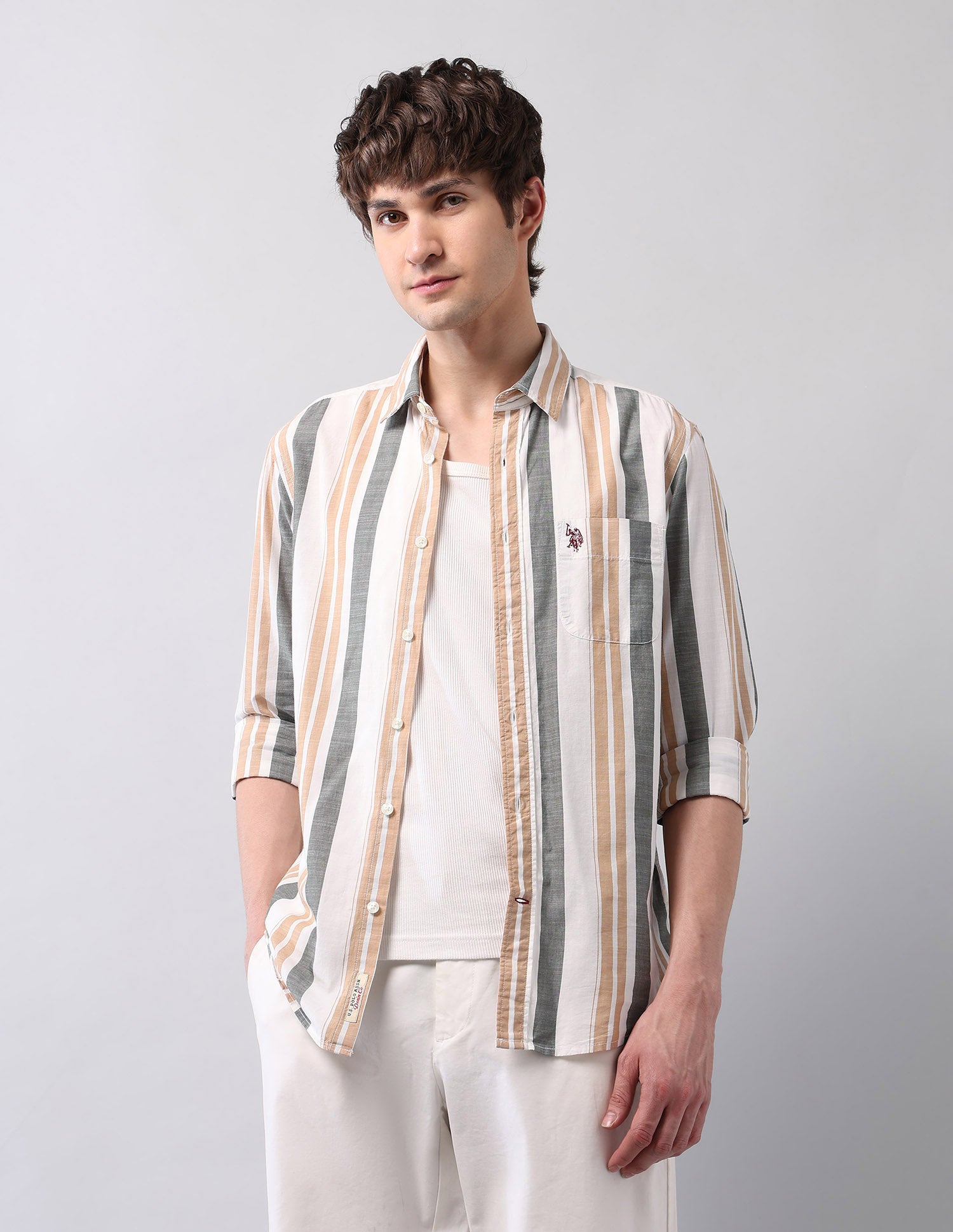 Vertical Striped Pure Cotton Shirt Ivory - U.S. Polo Assn. India | Large