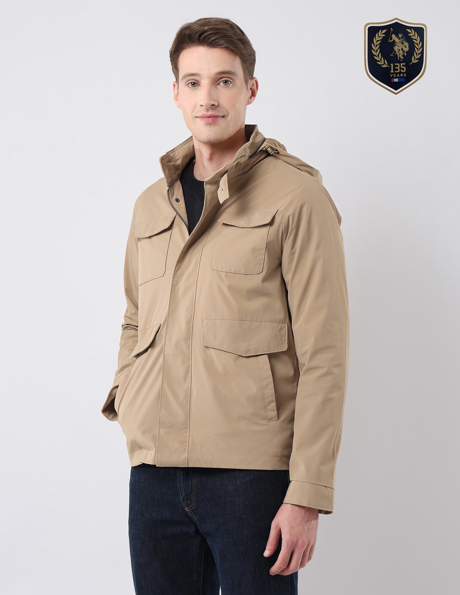 Solid Regular Fit Detachable Hood Jacket