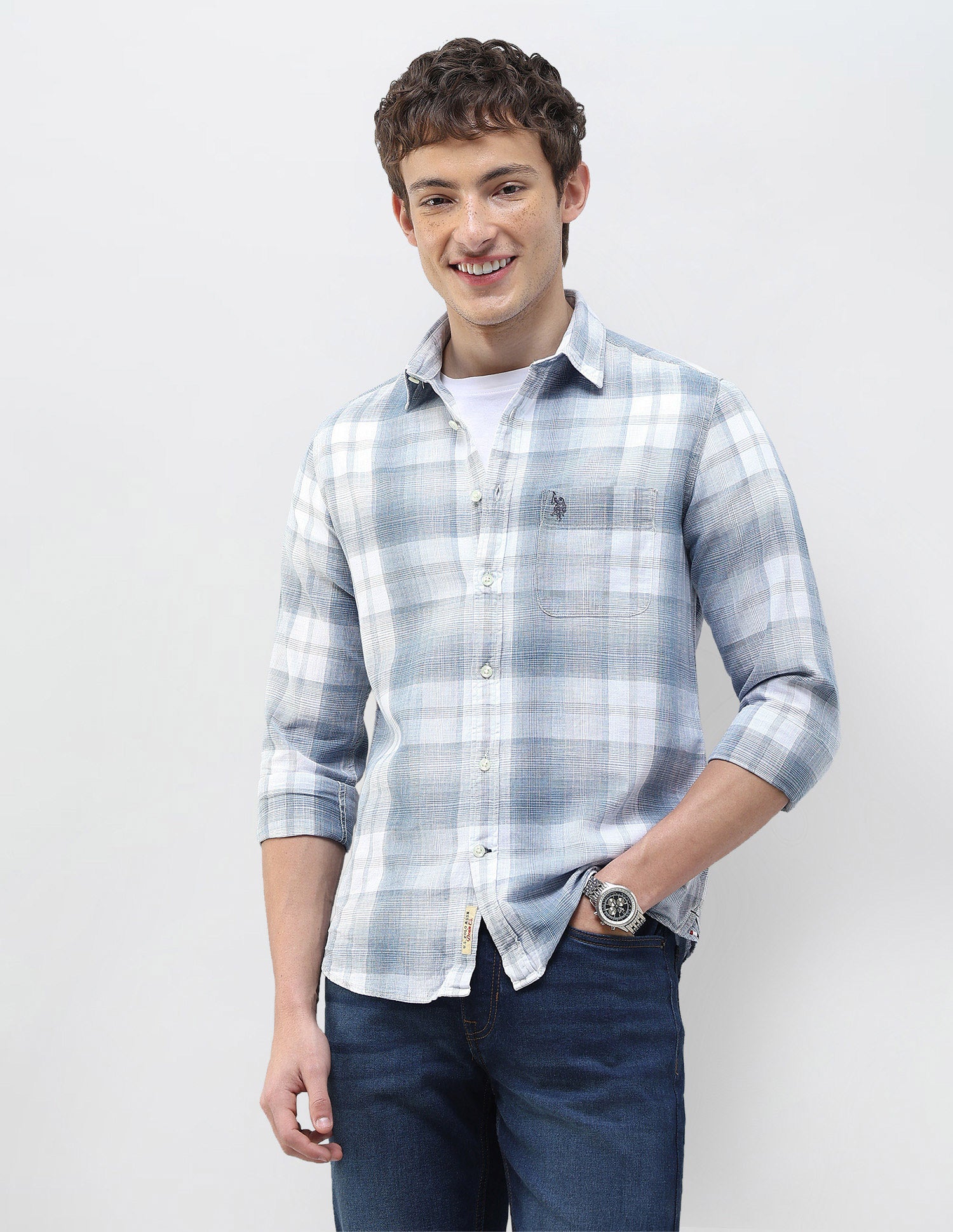 Plaid Checked Regular Fit Shirt Light Indigo - U.S. Polo Assn. India | Large