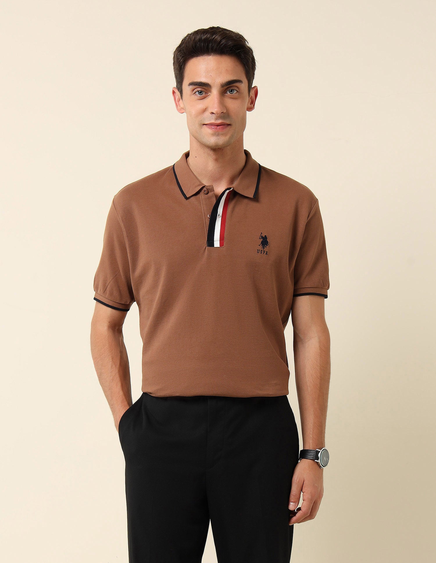 Pure Cotton Slim Fit Polo Shirt Light Brown - U.S. Polo Assn. India | Large