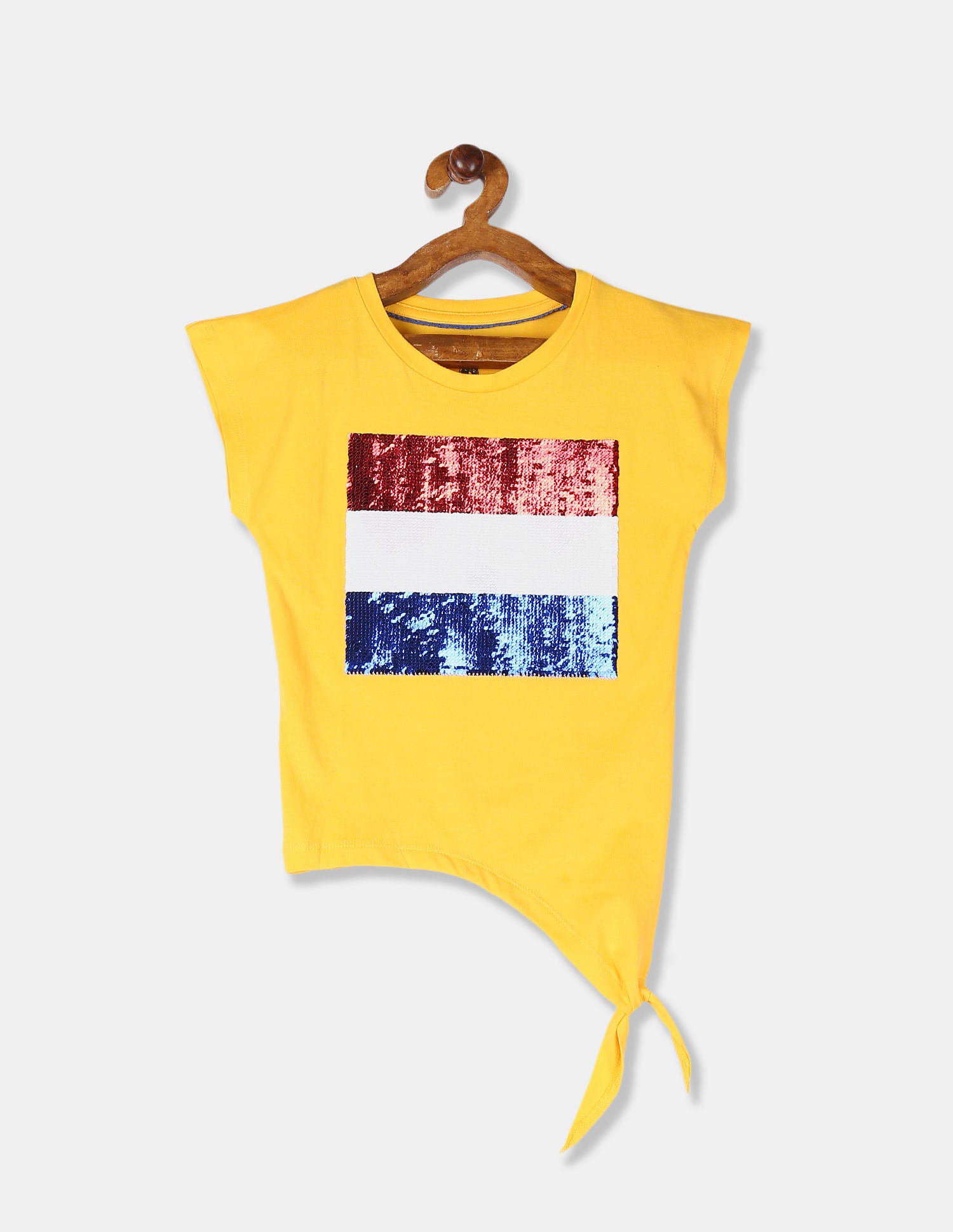 Girls Yellow Flippy Sequin Embellished Tie Up Hem T-Shirt