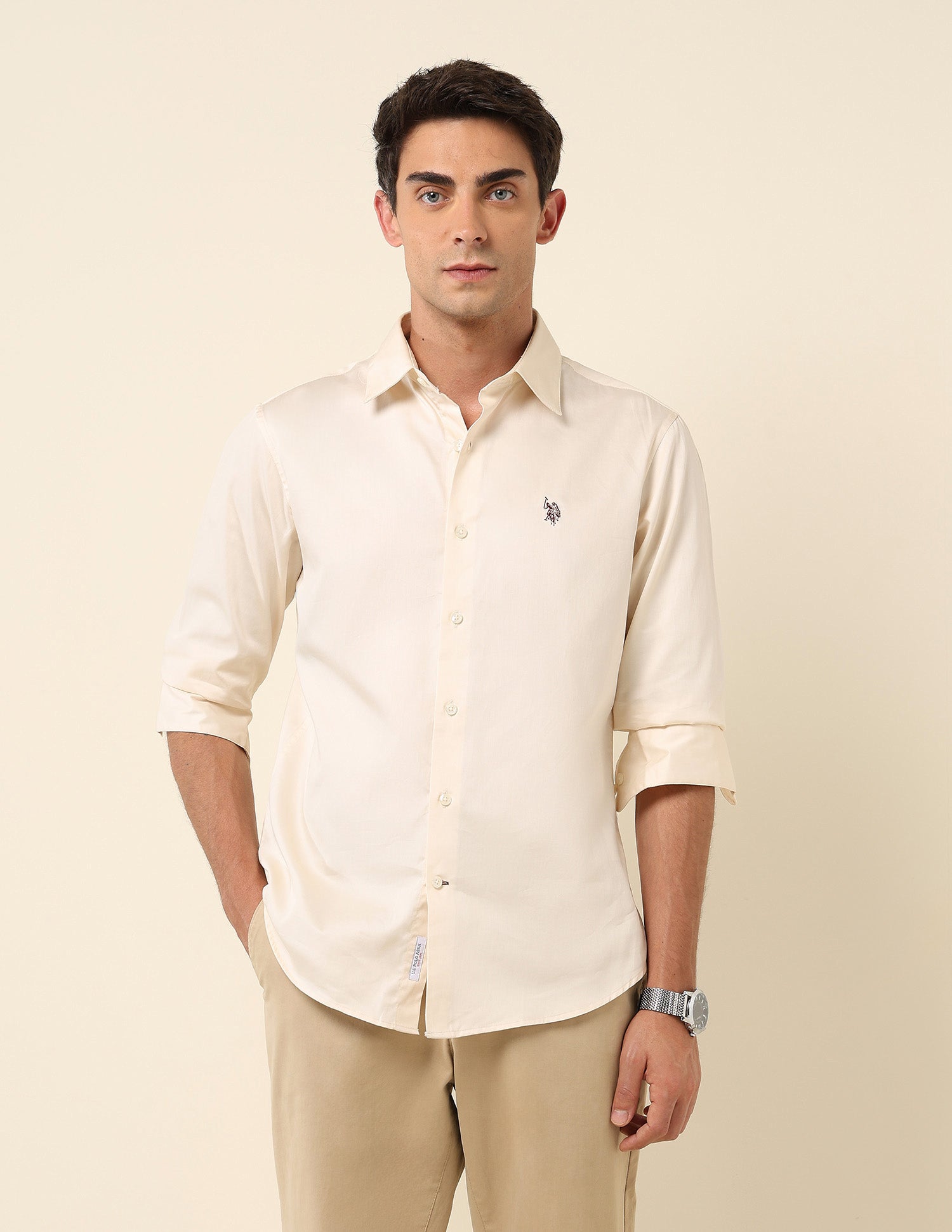 Tailored Fit Satin Pure Cotton Shirt Light Yellow - U.S. Polo Assn. India | Large