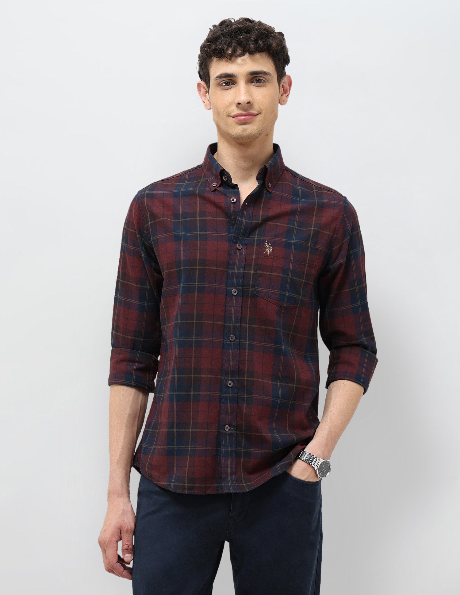 Tartan Checked Tailored Fit Shirt Maroon - U.S. Polo Assn. India | Large