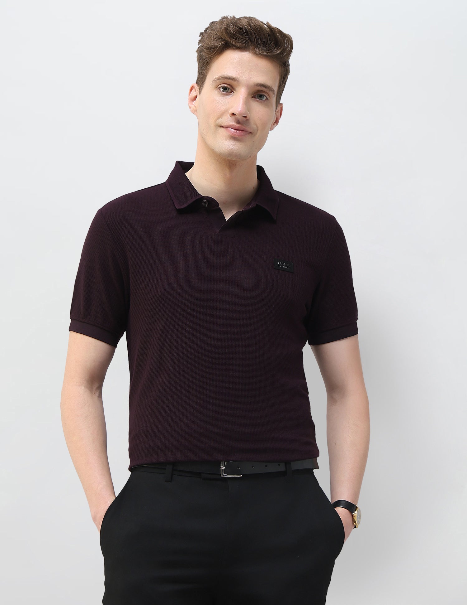 Textured Black & Gold Slim Fit Polo Shirt