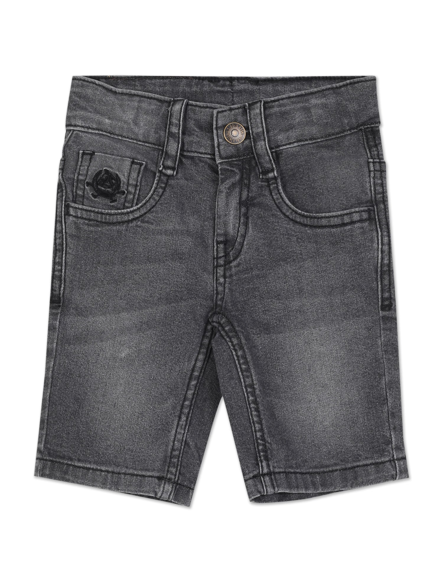 Boys Grey Mid Rise Slim Fit Stone Wash Shorts