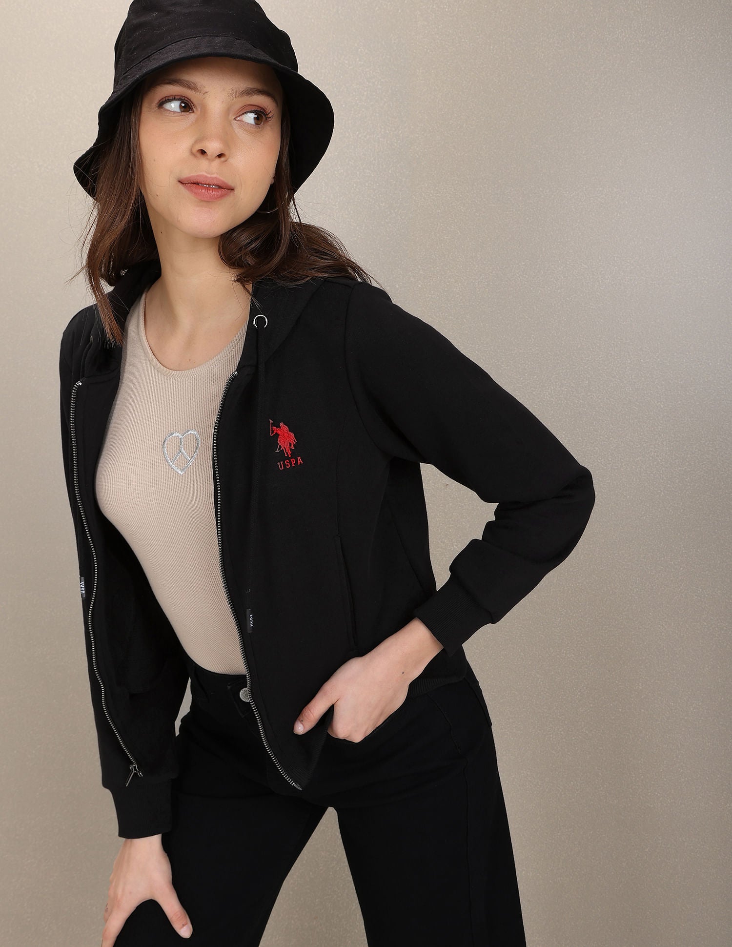 Full Zip Placket Solid Sweatshirt