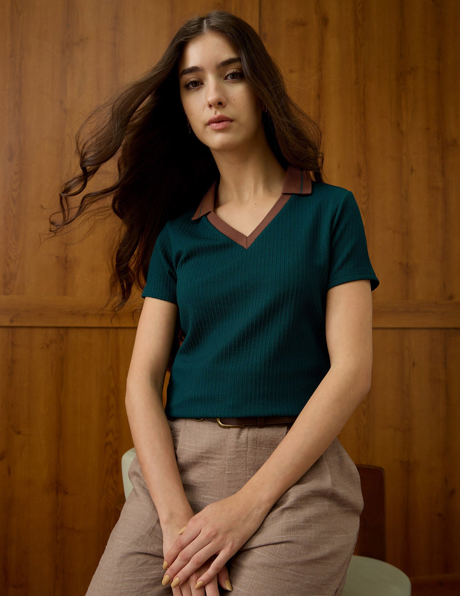 Textured V-Neck Polo Shirt Green - U.S. Polo Assn. India | Large