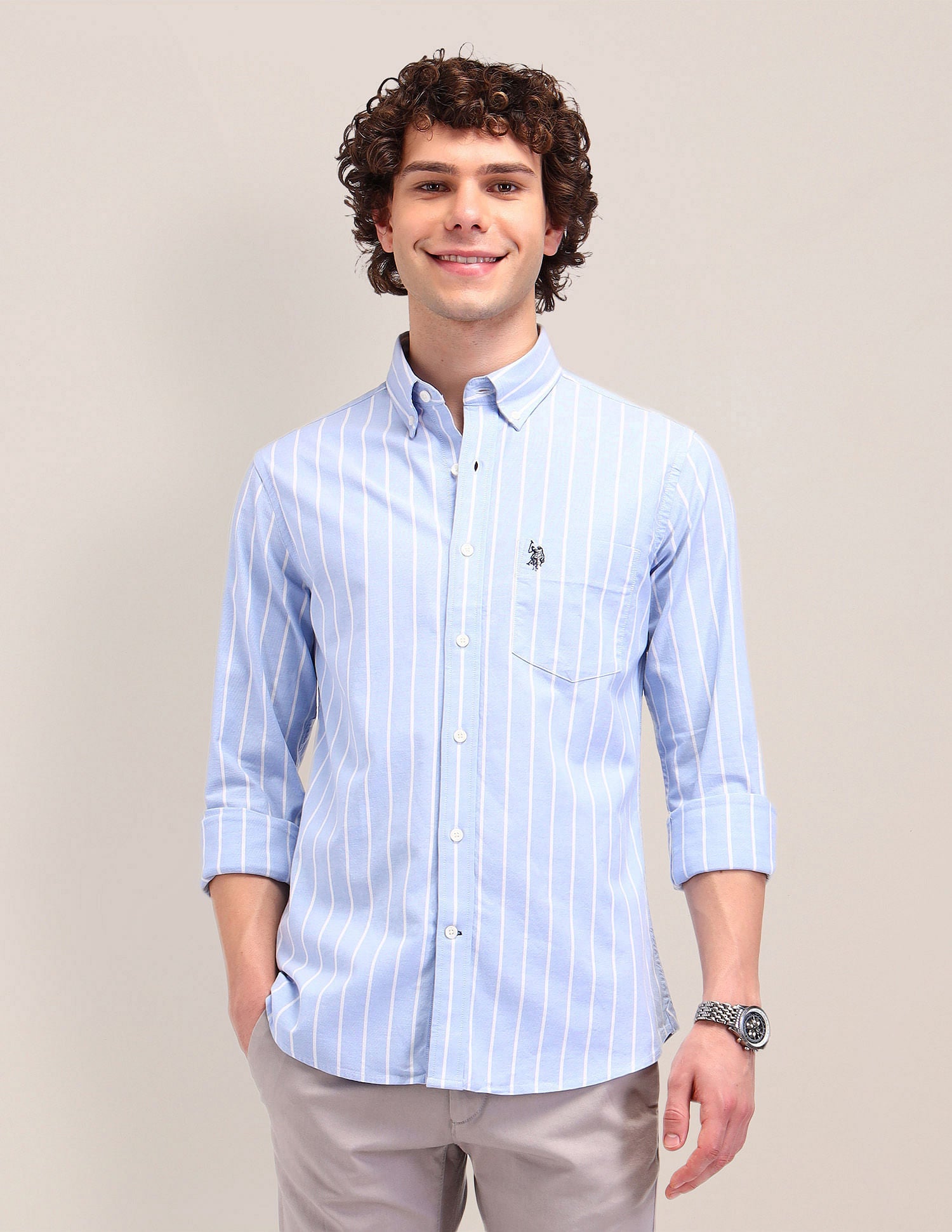 Striped Oxford Tailored Fit Shirt Blue - U.S. Polo Assn. India | Large
