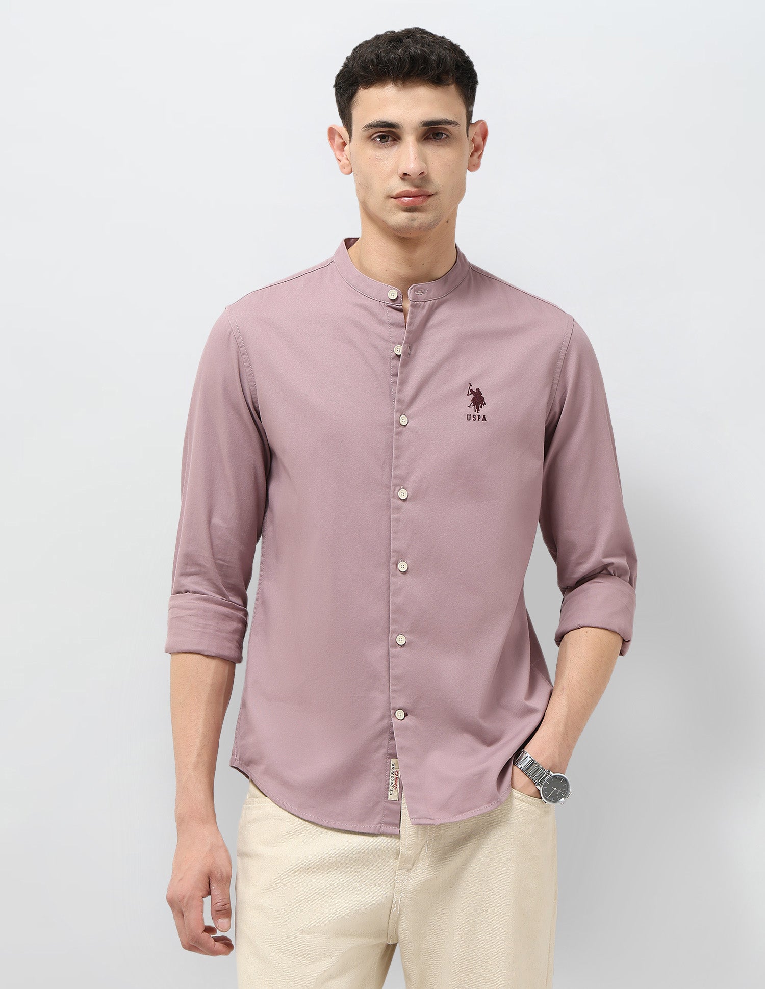 Twill Regular Fit Mandarin Shirt Dark Pink - U.S. Polo Assn. India | Large
