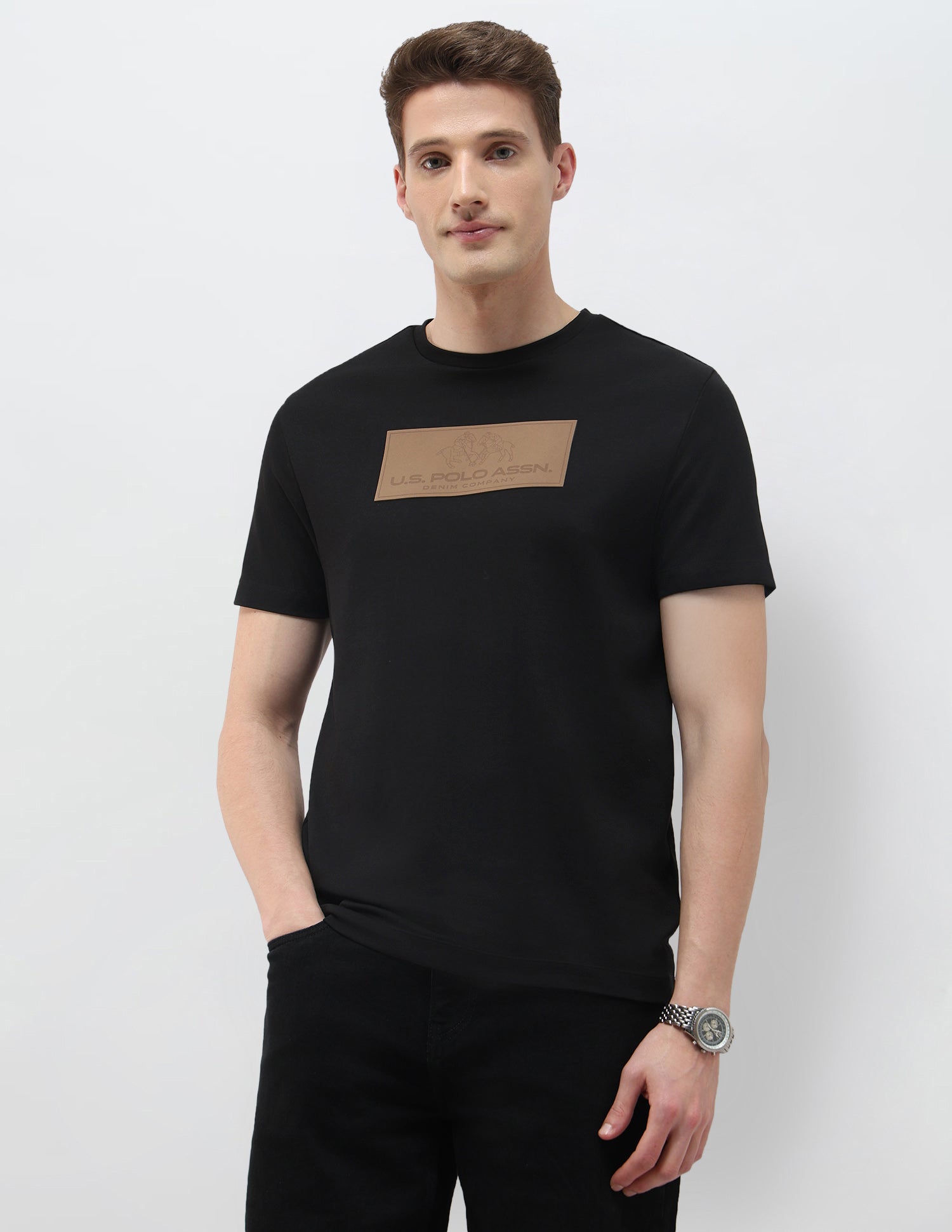 Brand Embossed Black & Gold Slim Fit T-Shirt