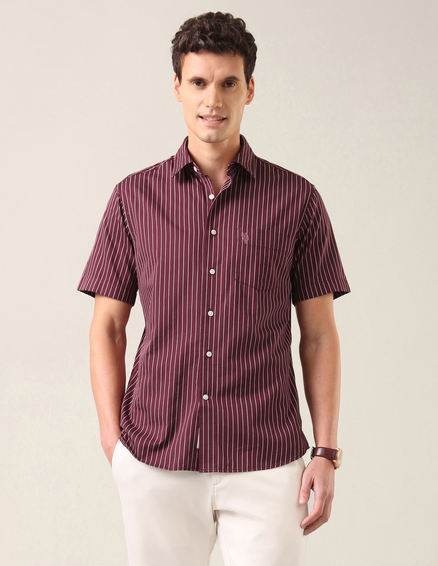 Vertical Striped Tailored Fit Shirt Maroon - U.S. Polo Assn. India | Large