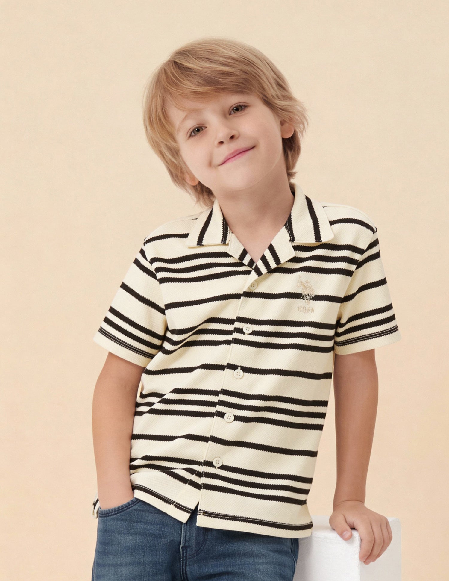 Boys Striped Patterned Knit Boxy Fit Shirt White - U.S. Polo Assn. India | Large