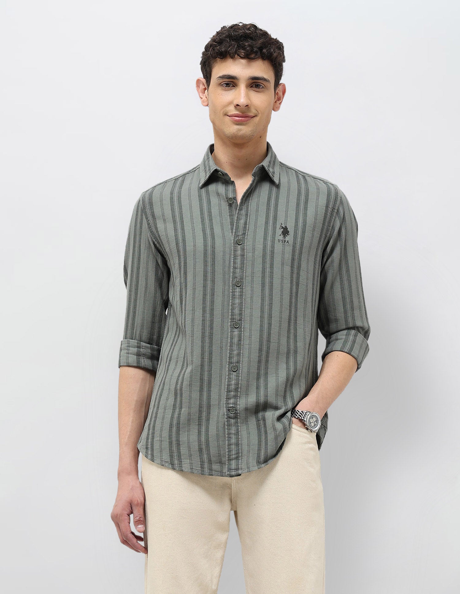 Vertical Striped Regular Fit Shirt Light Green - U.S. Polo Assn. India | Large