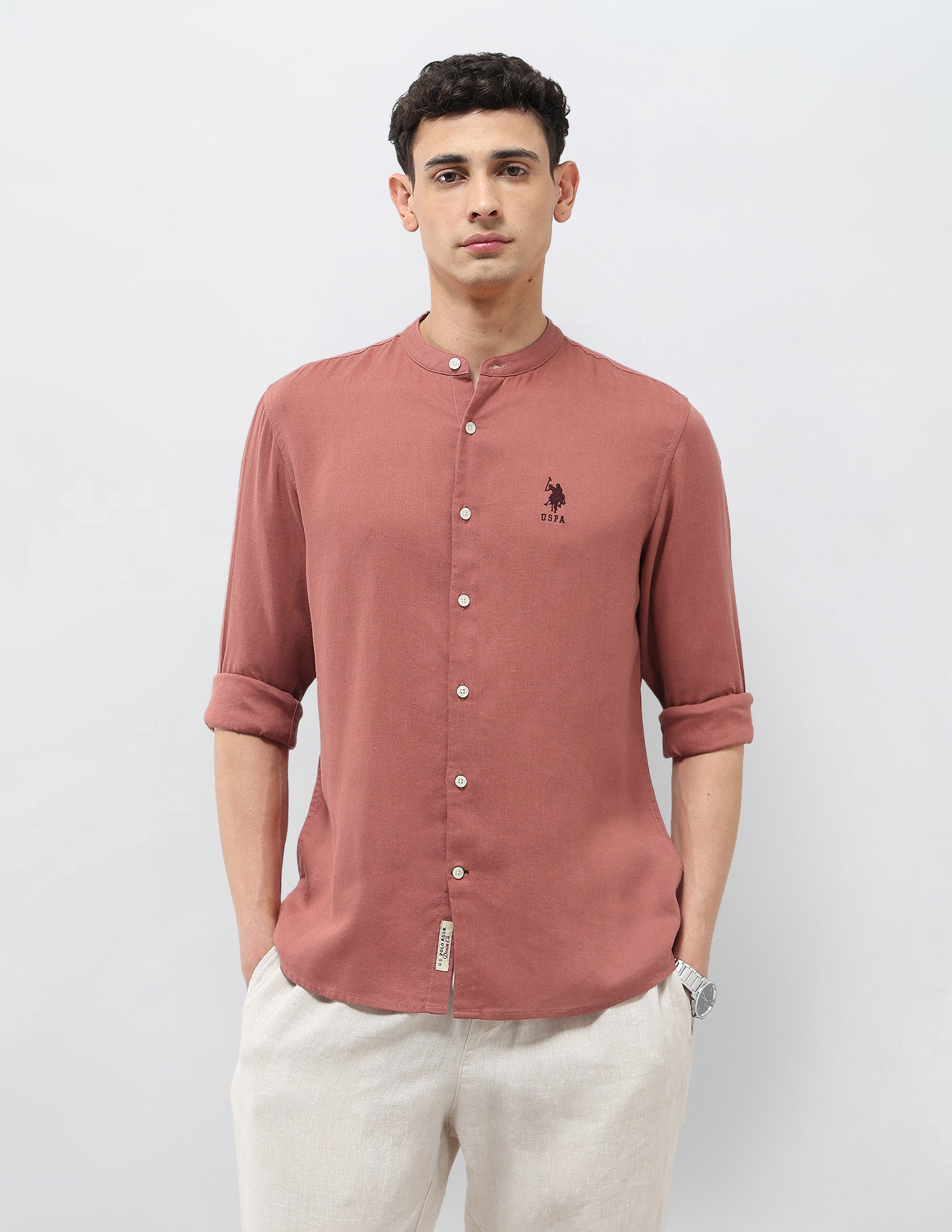 Mandarin Solid Regular Fit Shirt Rust - U.S. Polo Assn. India | Large