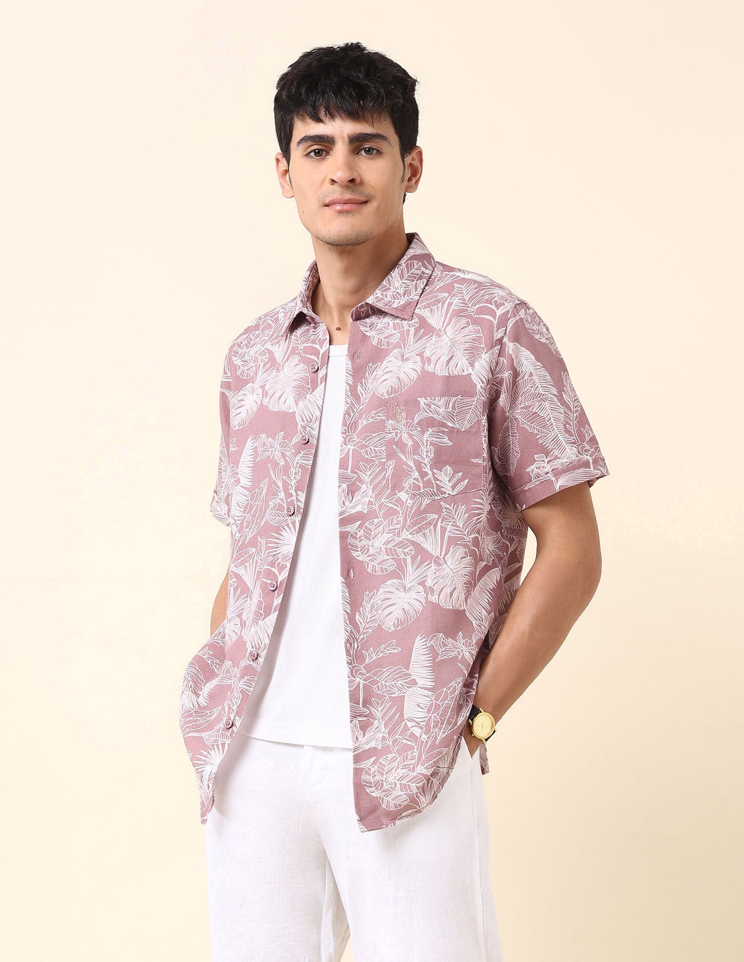 Tropical Printed Poplin Shirt Pink - U.S. Polo Assn. India | Large
