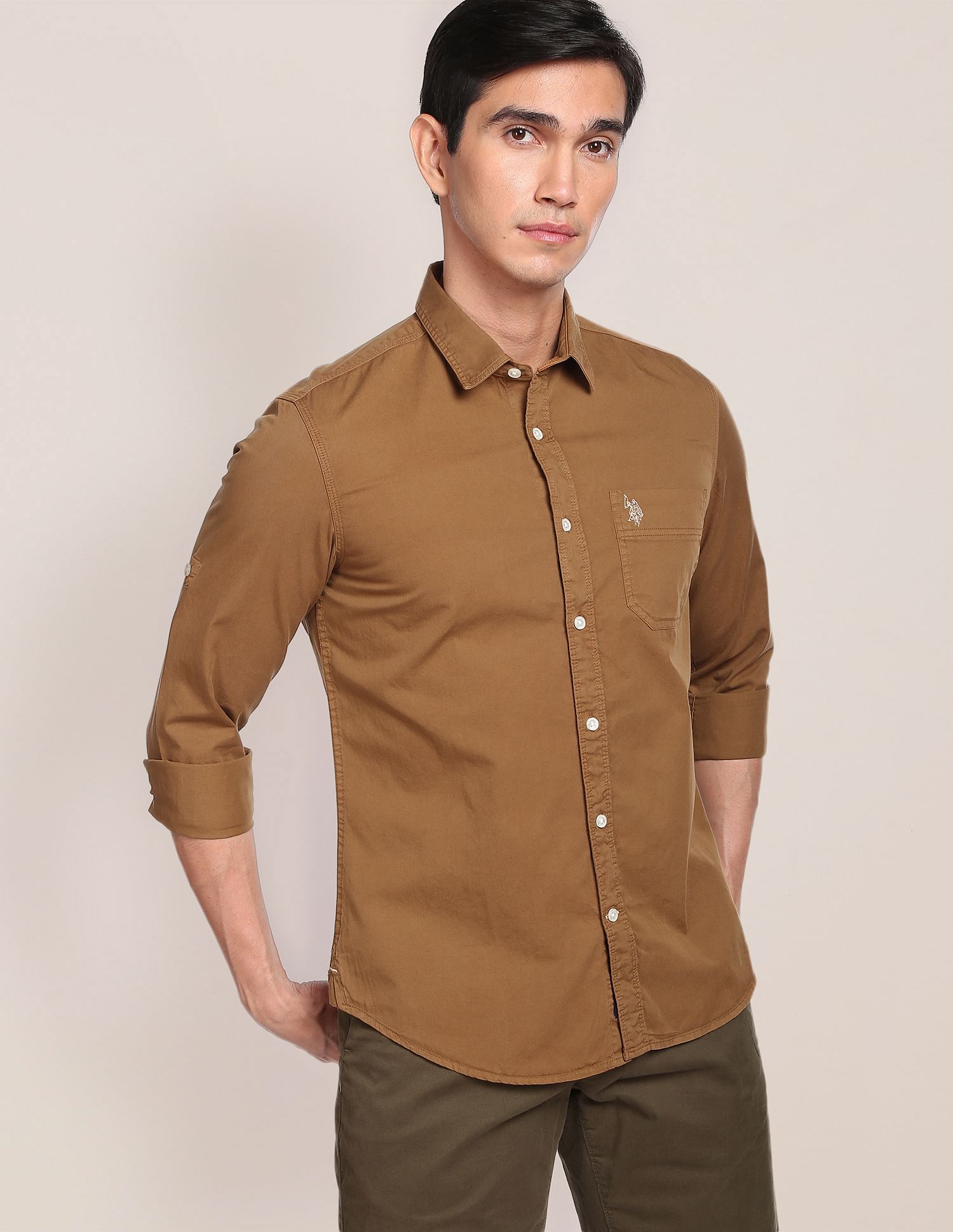 Solid Twill Convertible Sleeve Casual Shirt Brown - U.S. POLO ASSN. | Large