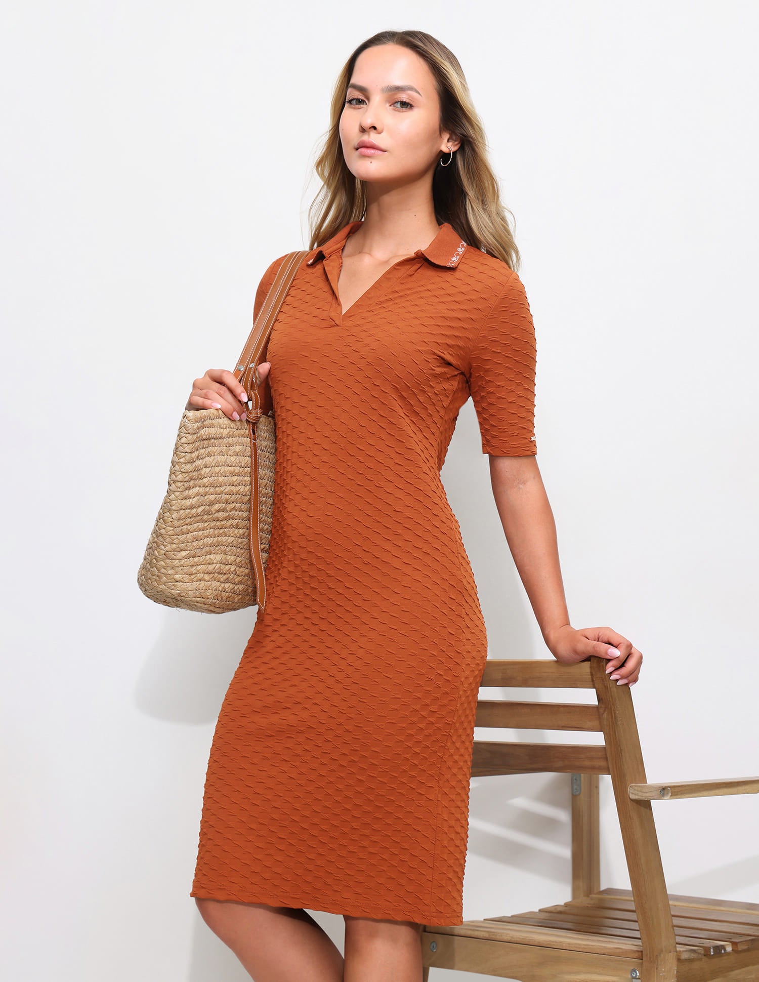 Textured Embroidered Polo Dress