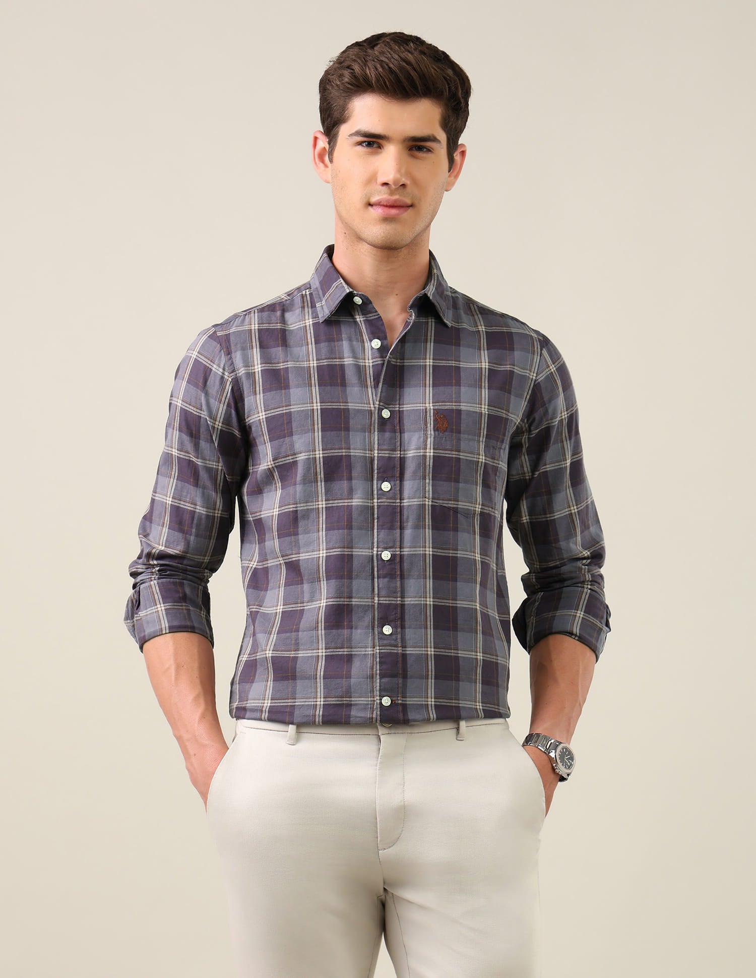 Twill Plaid Checked Shirt Purple - U.S. Polo Assn. India | Large